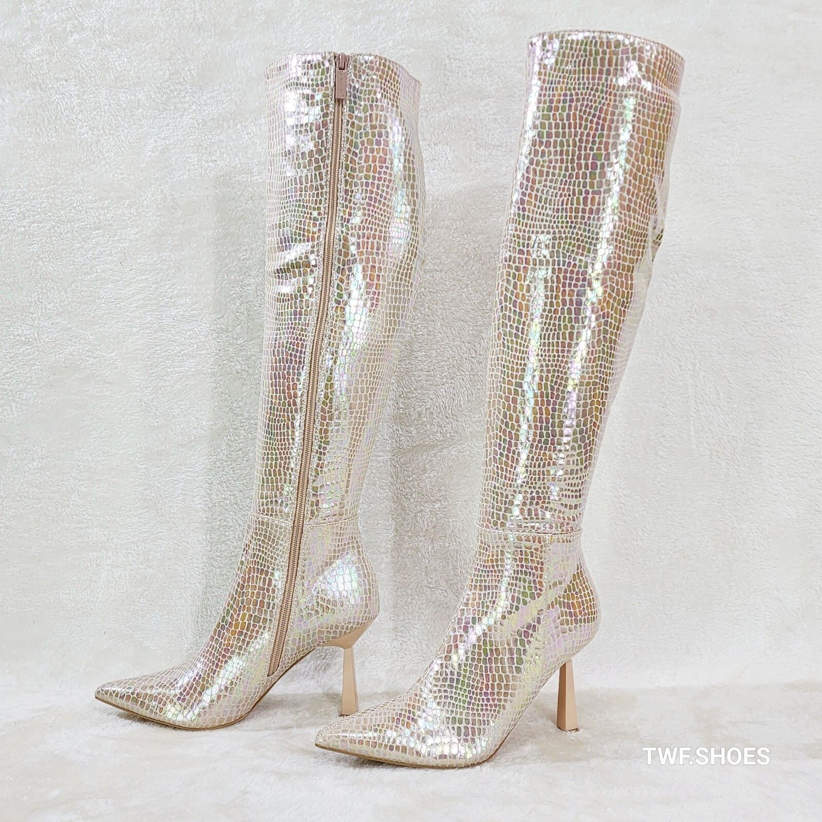 Other Sharp Champagne Cream Hologram Snake Print High Heel Knee Bo Size US 11 / IT 41 - 6 Thumbnail