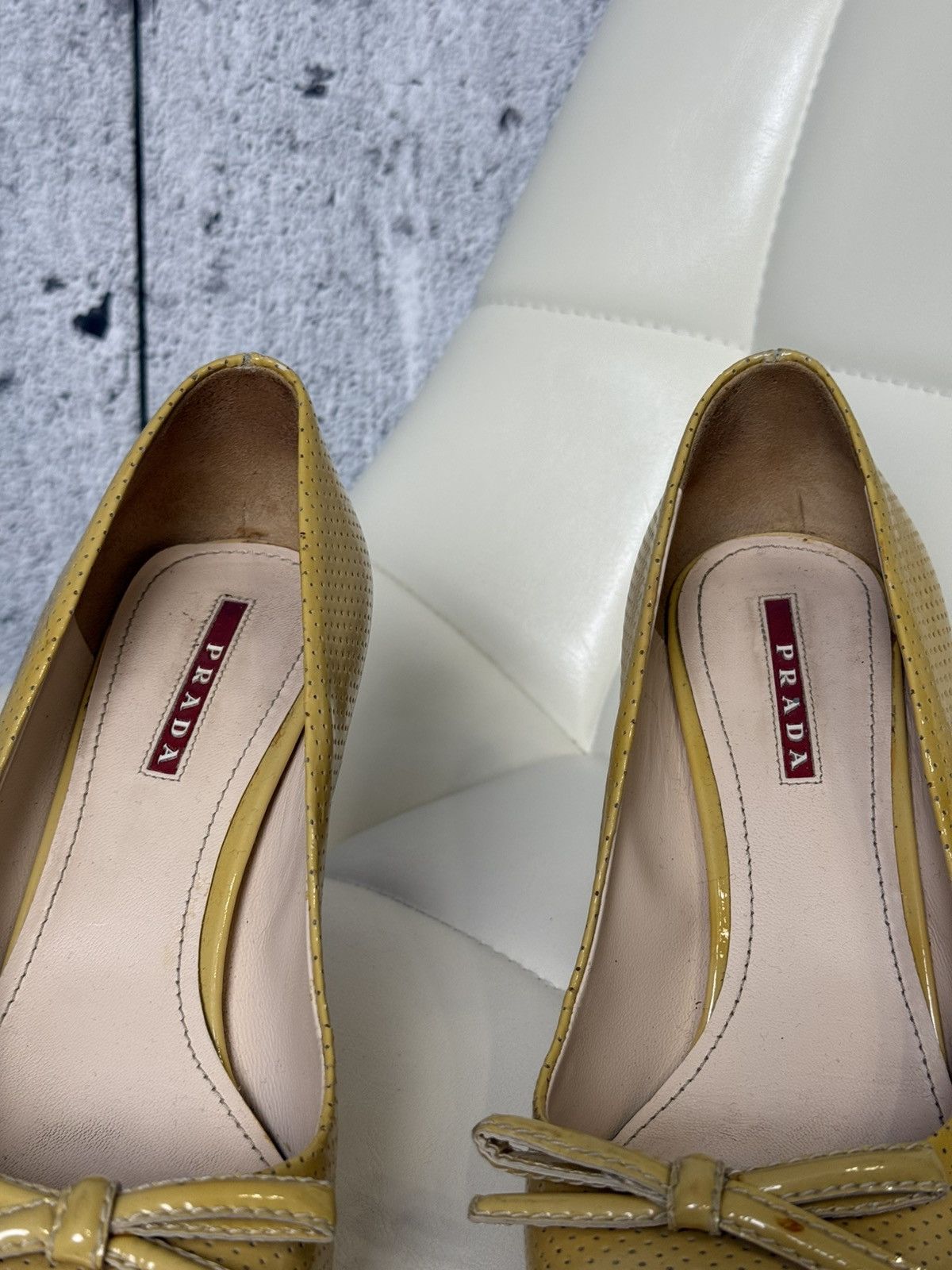 Prada Prada Sport Yellow Perforated Leather Bow Wooden Heel Pumps Size US 8 / IT 38 - 18 Thumbnail