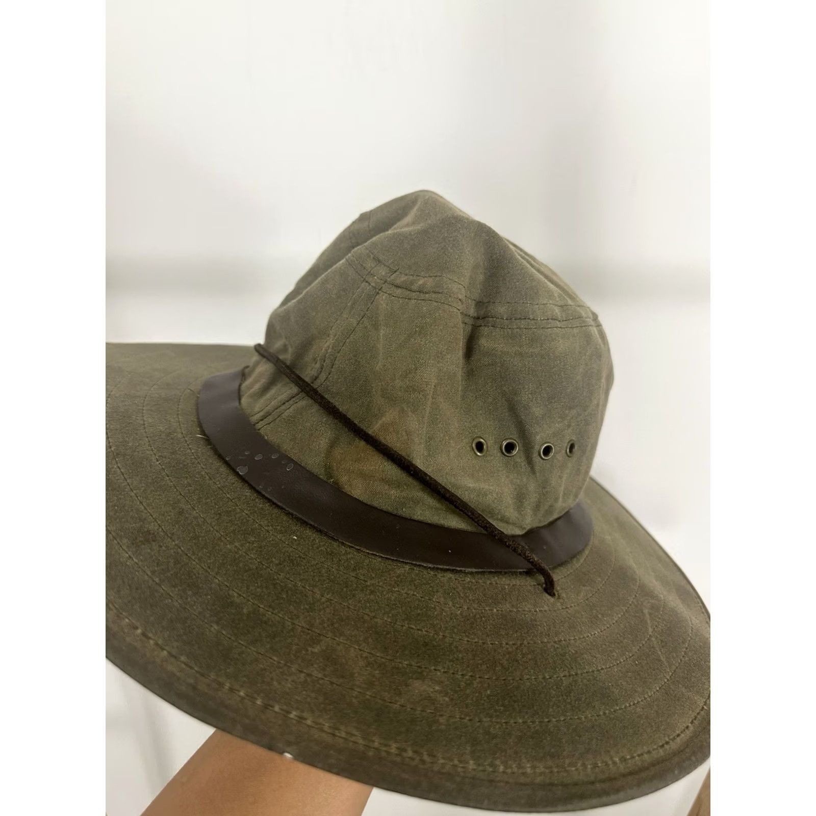 Filson VINTAGE Filson Bush Hat Panama Hat Men Size M/S Waxed Canvas Water Resistant Wide Brim Leather Canvas Brown/Green Hunting Outdoor USA Mens Size ONE SIZE - 3 Thumbnail