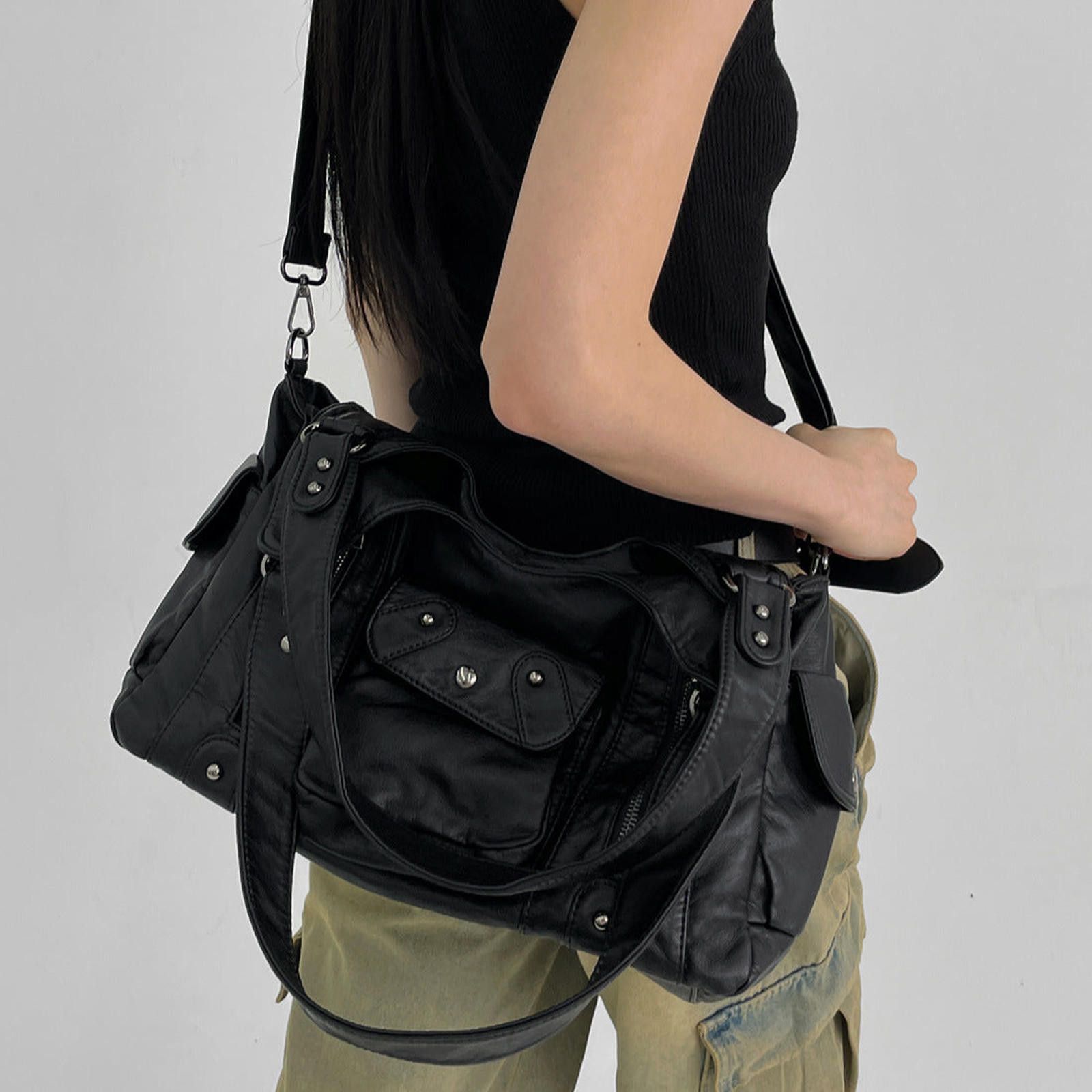 Vintage Black Multi-Pocket Shoulder Bag, Casual Everyday Bag Size ONE SIZE - 3 Thumbnail