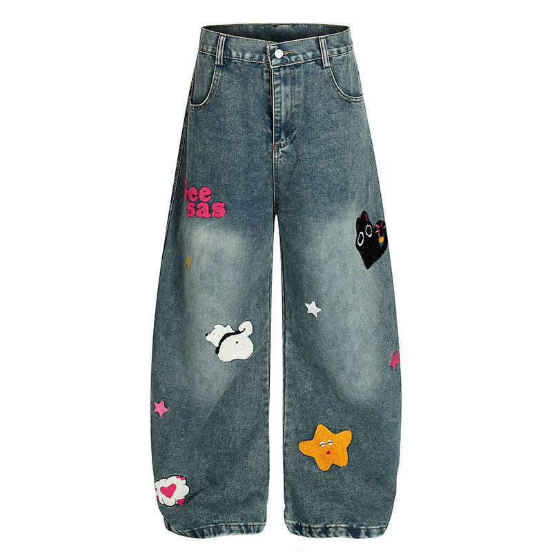 Japanese Brand Men's loose straight cartoon embroidered curved blade jeans Size US 32 / EU 48 - 1 Thumbnail