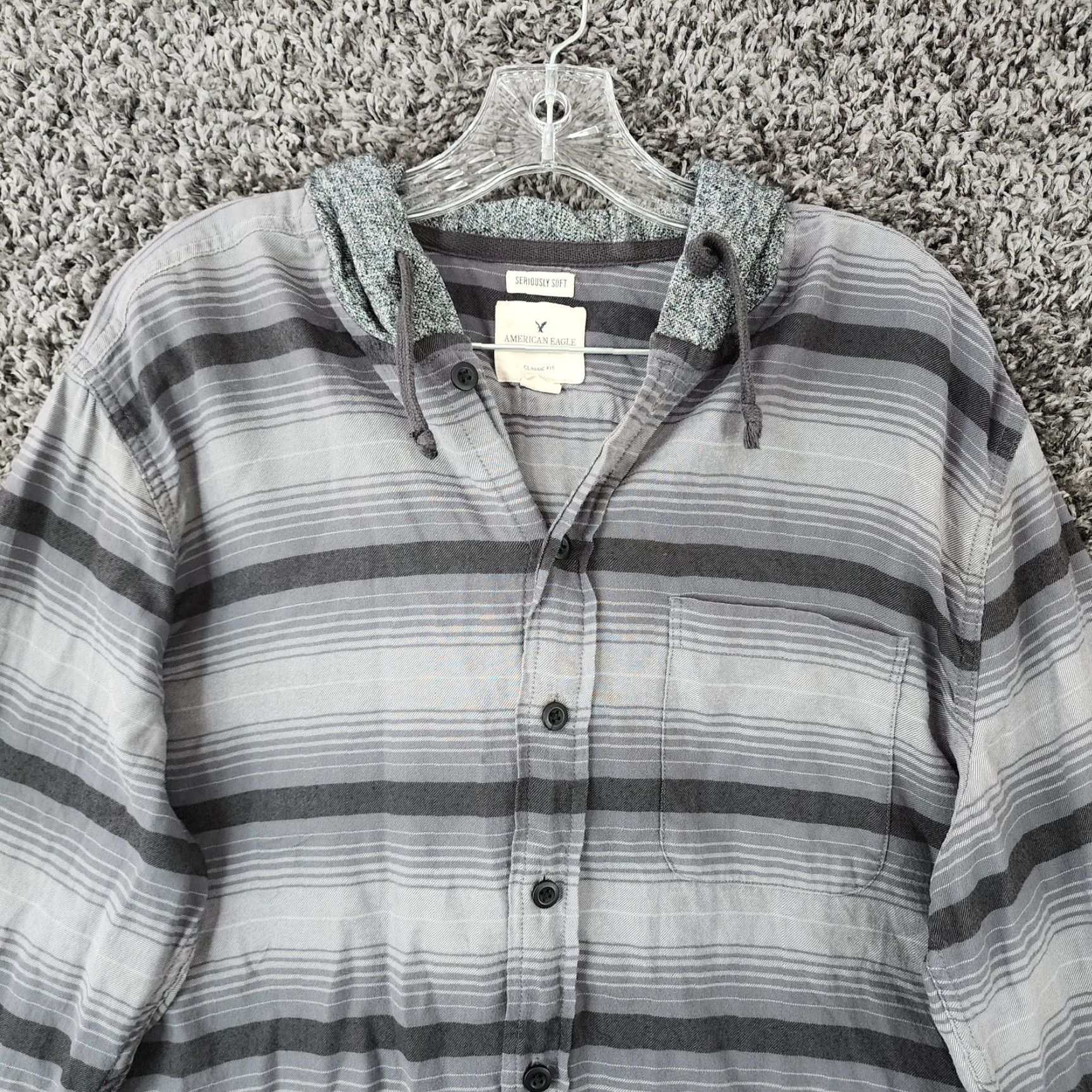 American Eagle Outfitters American Eagle Men’s Gray Striped Hooded Long Sleeve Button-Up Shirt Size L Size US L / EU 52-54 / 3 - 3 Thumbnail