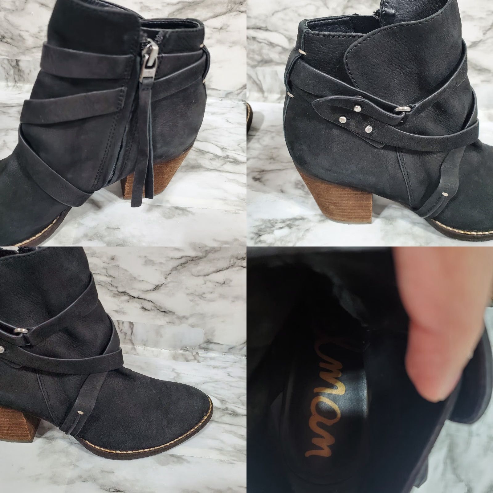 Sam Edelman Sam Edelman Bootie Women 7.5M Black Ankle Boot Merton Leather Almond Toe Strappy Shoe Womens Mid Heel Zip Block Size US 7.5 / IT 37.5 - 8 Thumbnail