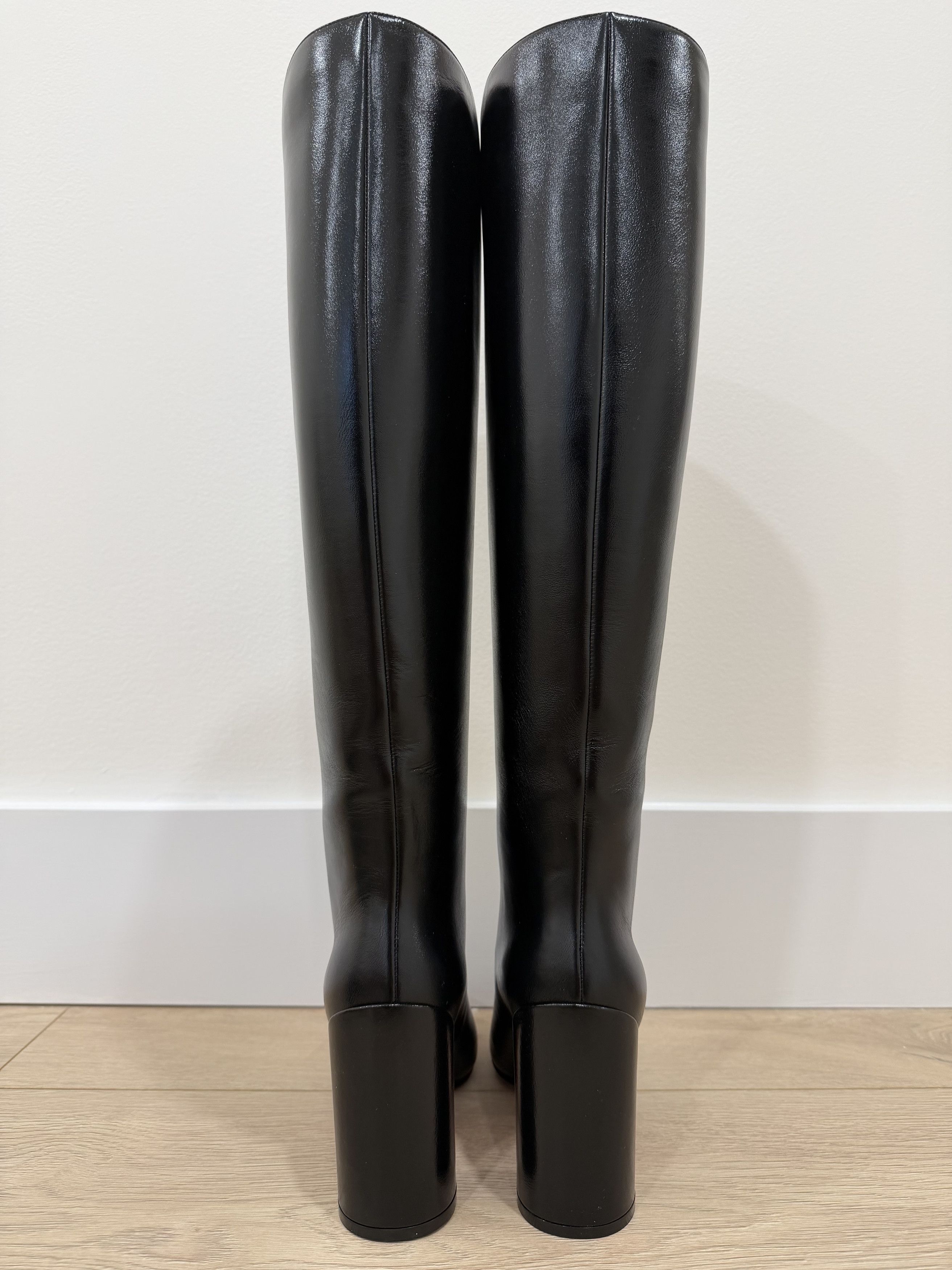Janitta 85 Black Leather Knee High Block Heel Boot 38.5