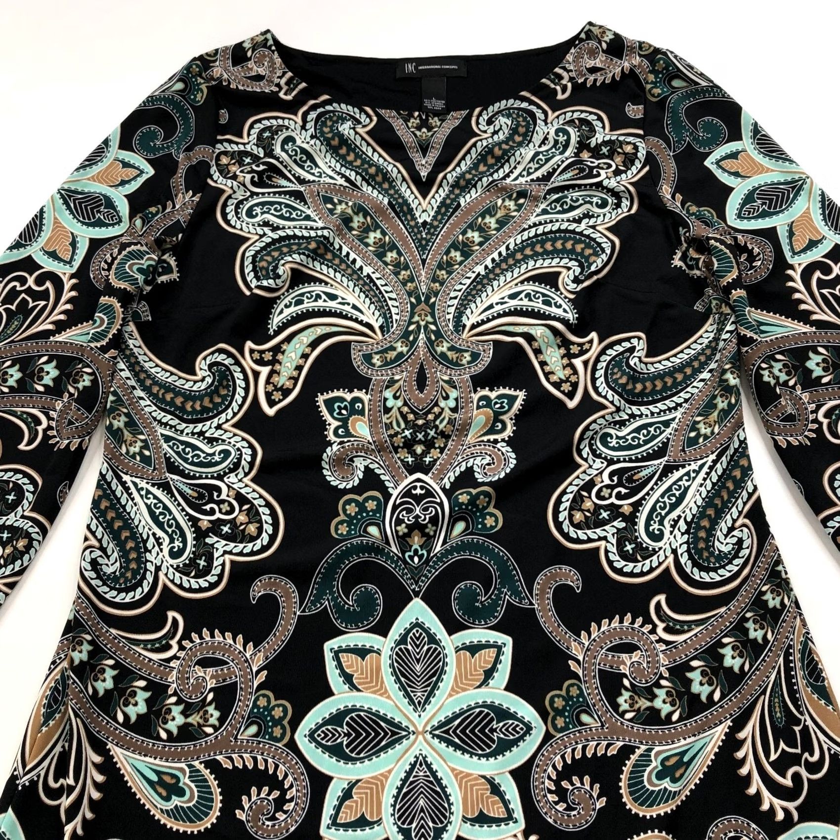 Vintage INC International Concepts Bohemian Tunic Dress Black Paisley Large MINT Size L / US 10 / IT 46 - 3 Thumbnail