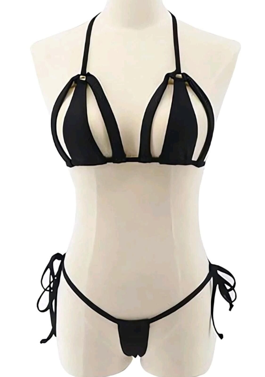 The Unbranded Brand Black Strappy Bikini Set with Tie Closures Size ONE SIZE - 1 Thumbnail