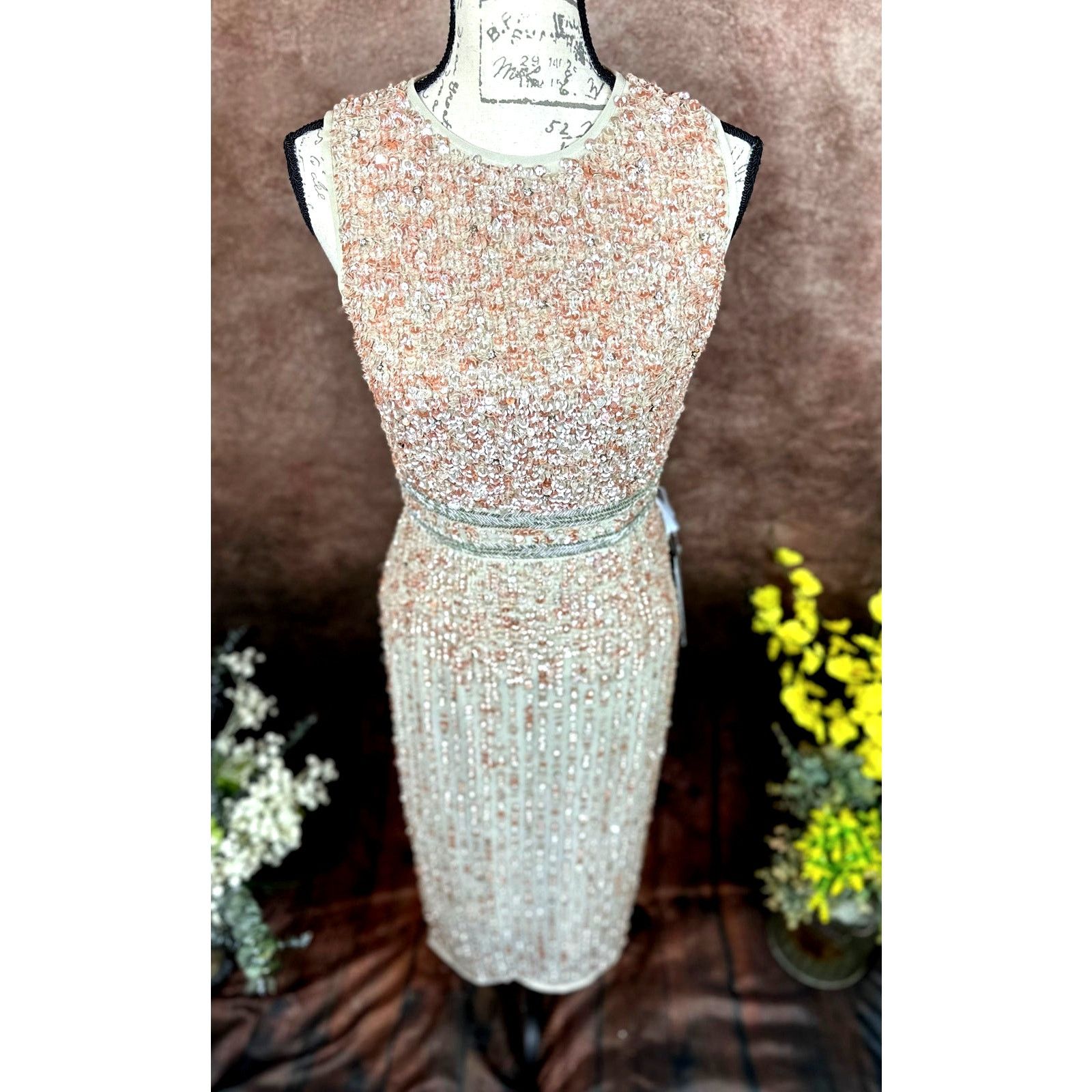 mac duggal beaded sleeveless midi sheath dress Abstract Beaded Sleeveless Midi Sheath Dress main image 0