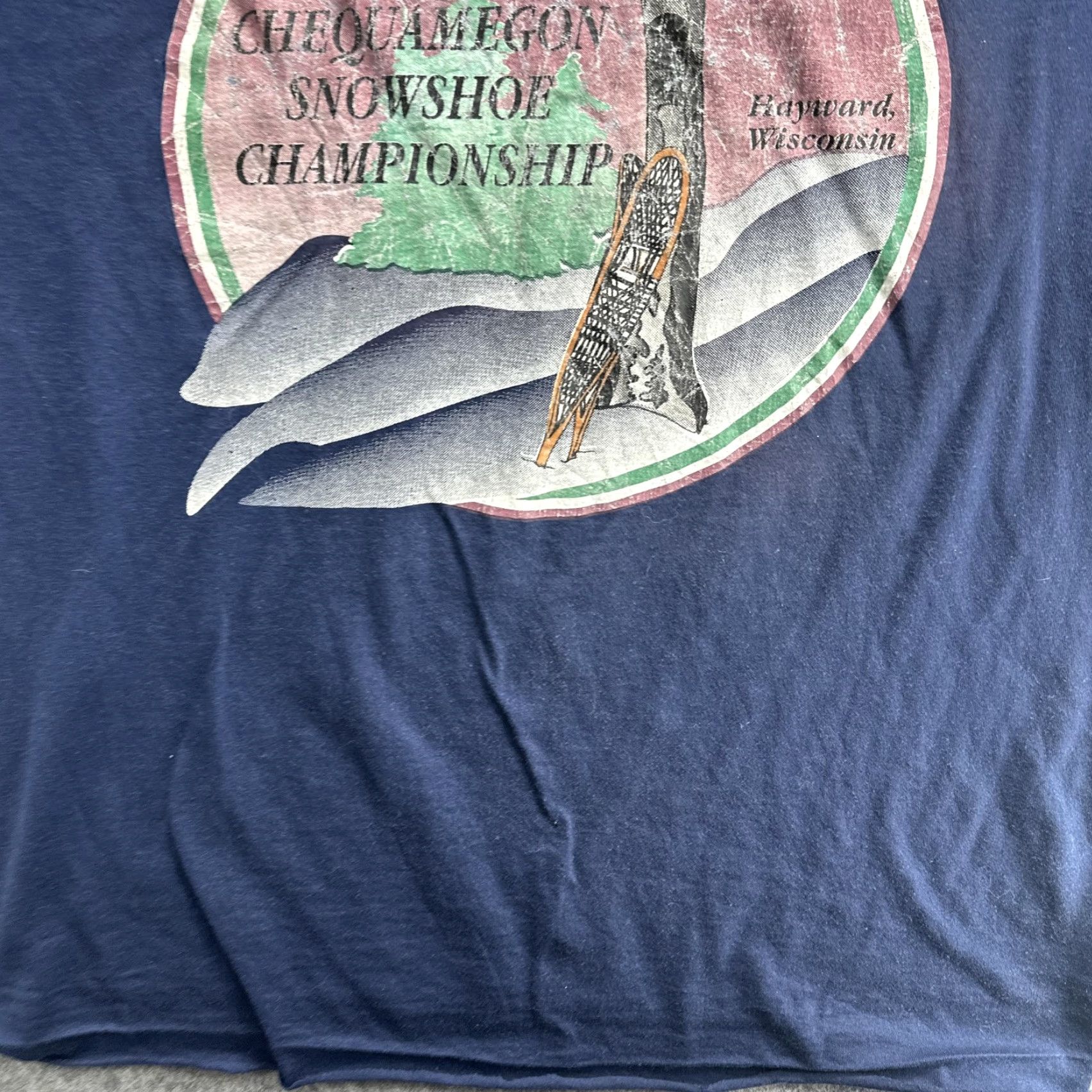 Fruit Of The Loom VINTAGE Chequamegon Snowshoe Championship Shirt Mens L Blue 90s Sports Graphic Print 1996 Hayward Wisconsin Mens Size US L / EU 52-54 / 3 - 5 Thumbnail