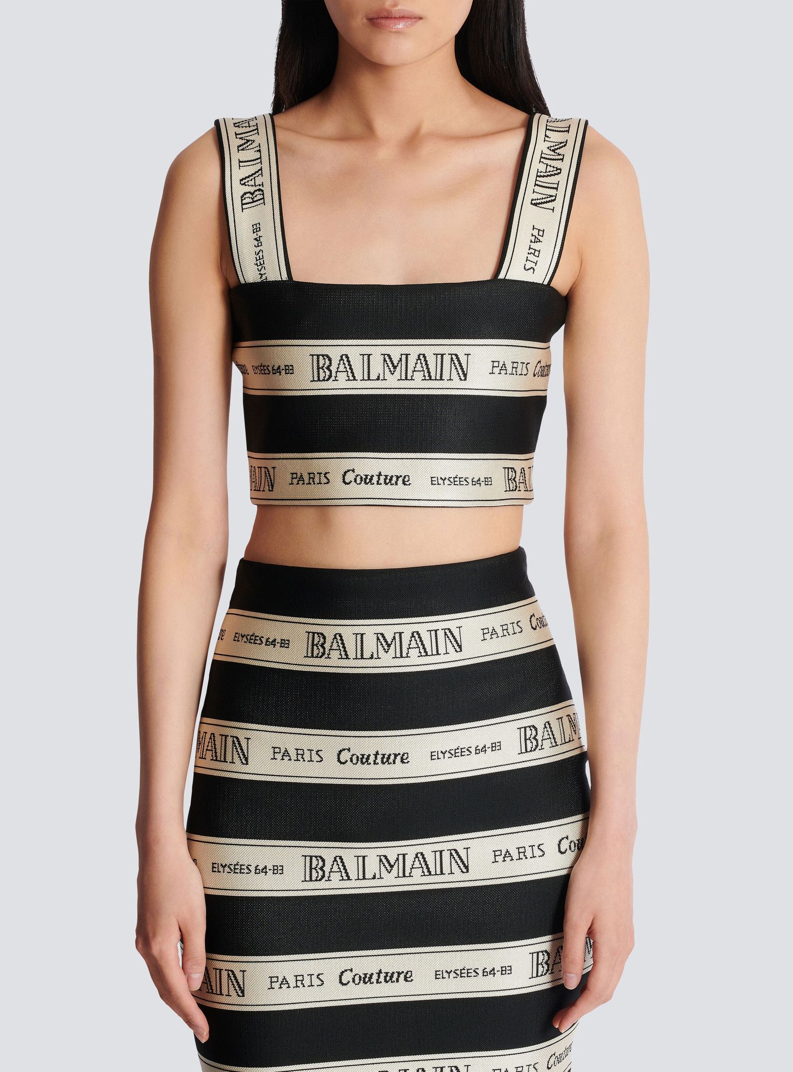 Balmain o1loc1c0526 Ribbon Jacquard Crop Top in Black/Beige Size XS / US 0-2 / IT 36-38 - 5 Thumbnail