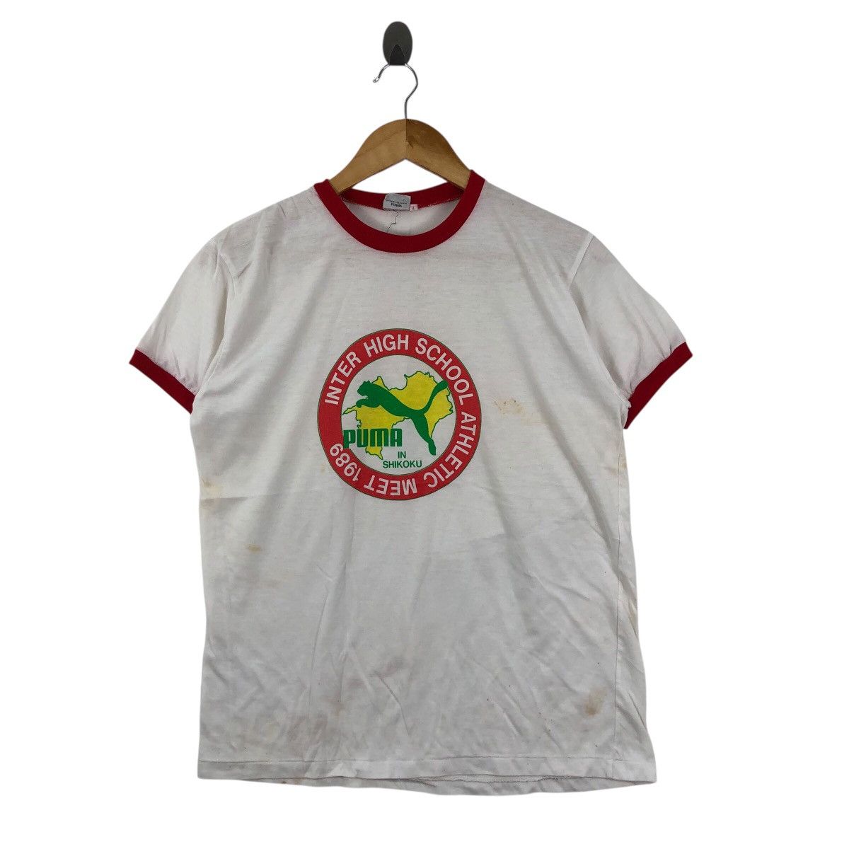 Vintage 80s PUMA Ringer Inter High School In Shikoku T Shirt