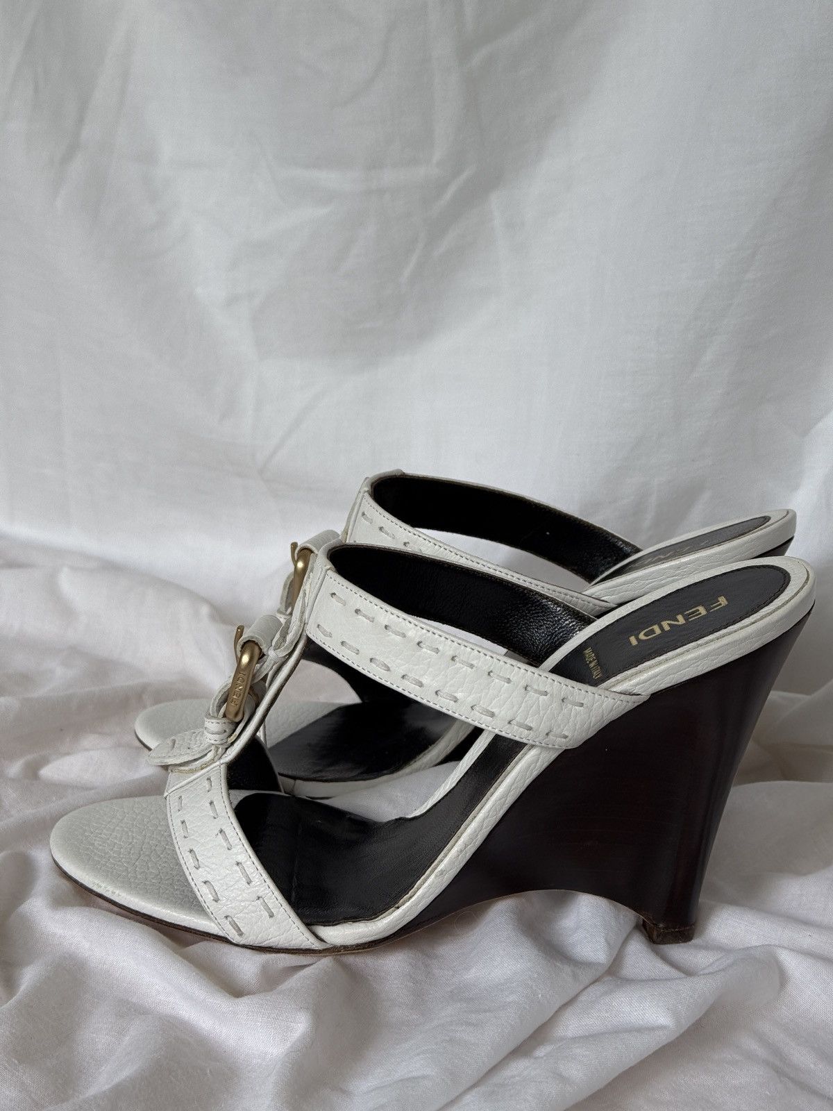 Fendi Fendi White Leather Strappy Mules Sandals on Wedges Buckle Size US 7.5 / IT 37.5 - 2 Thumbnail