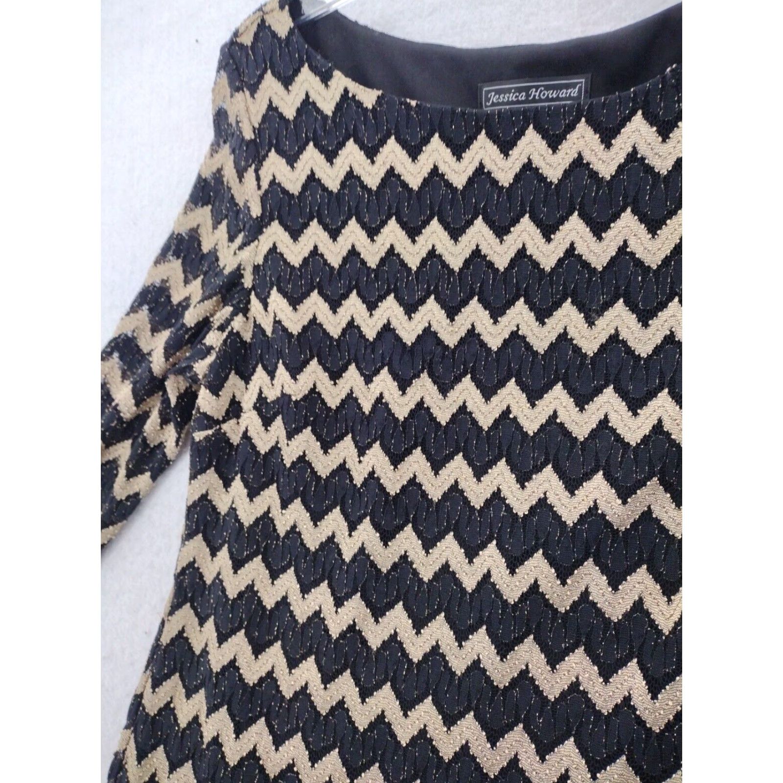 Vintage Jessica Howard Dress Womens 14 Black Zig Zag Shirt Dress Knee Length Long Sleeve Scoop Neck Size XL / US 12-14 / IT 48-50 - 6 Thumbnail