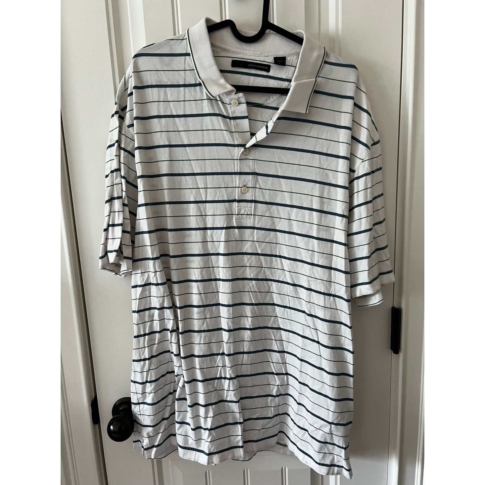 Greg Norman Men’s Polo Golf Shirt Short Sleeve Shark Logo Striped White Size US L / EU 52-54 / 3 - 1 Thumbnail