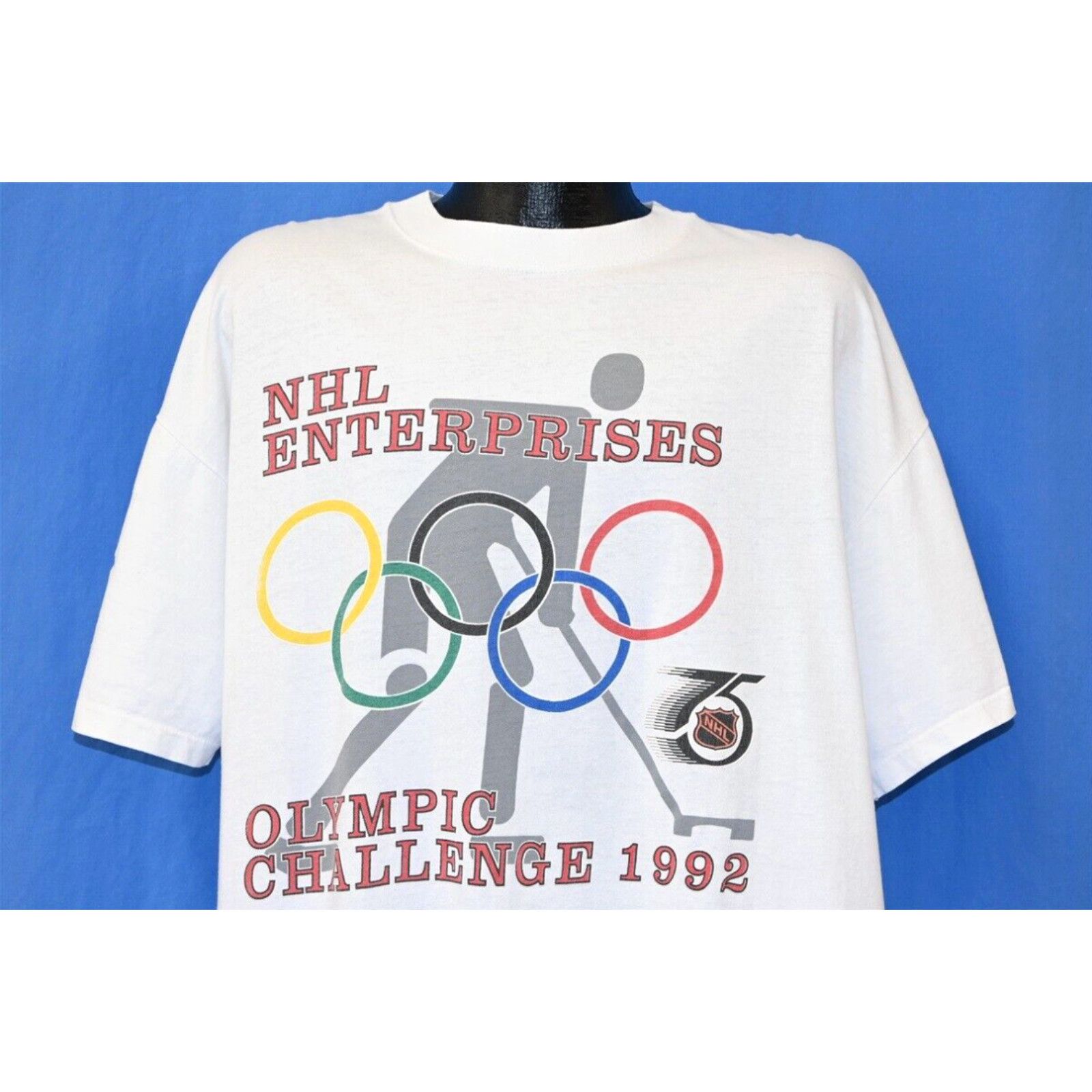 Image of Vintage 90's Nhl 75Th Anniversary Olympic Challenge 1992 Hockey White T-Shirt Xl, Men's