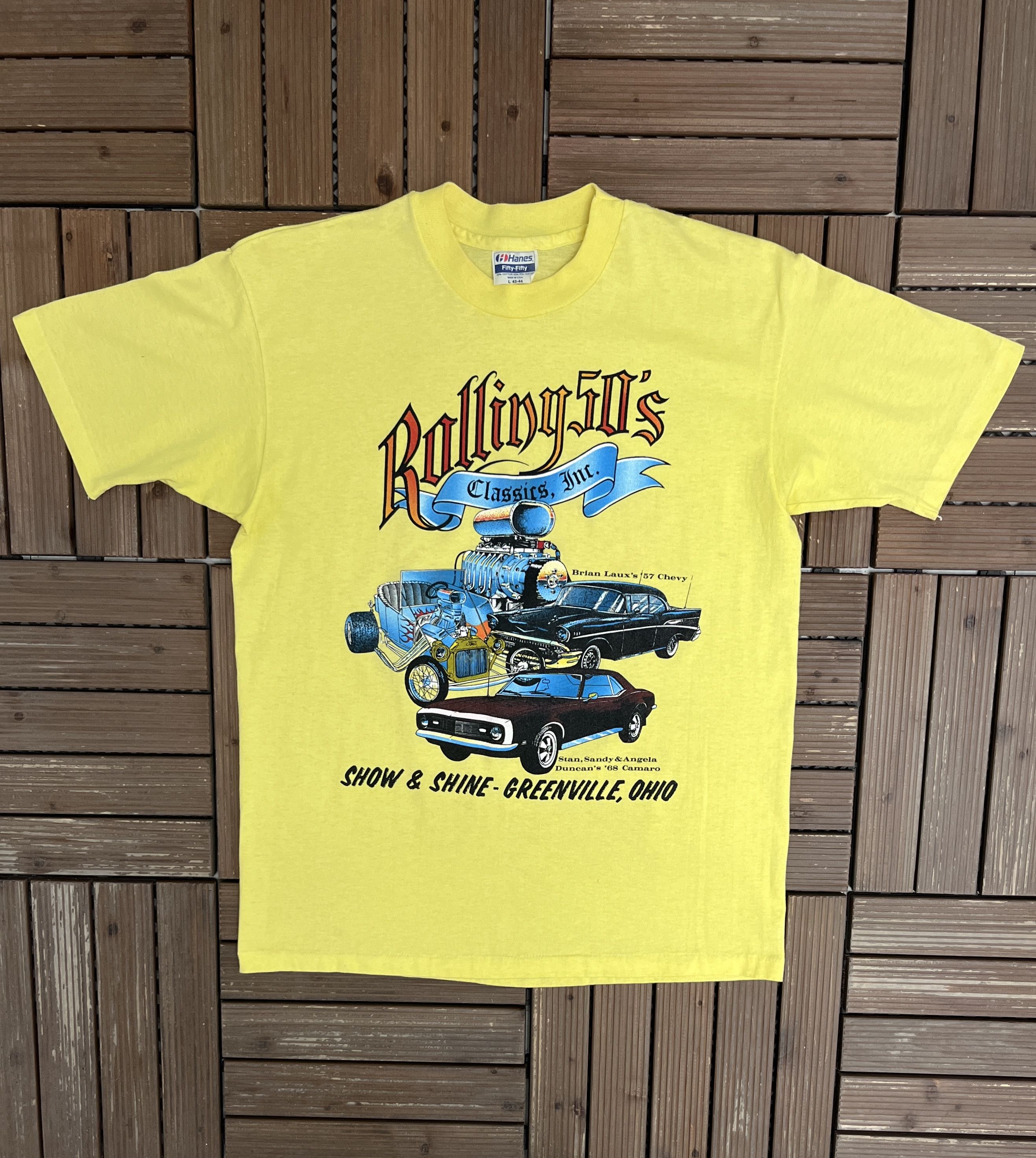 Vintage Rolling 50's Car Show & Shine Vintage Yellow T-Shirt Tee Size US L / EU 52-54 / 3 - 1 Thumbnail