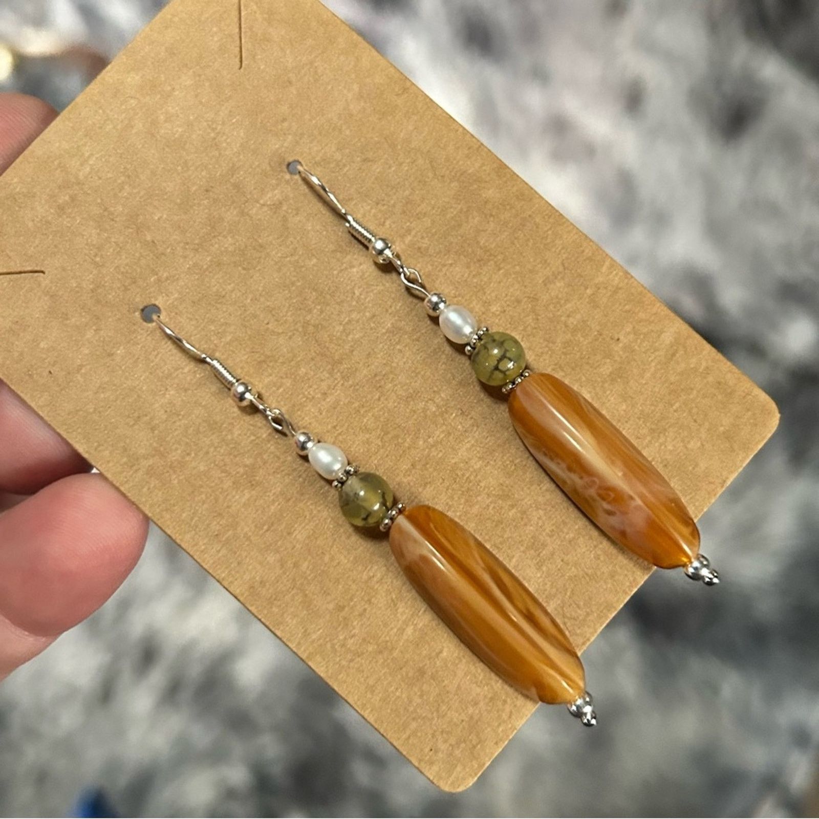 Handmade Handcrafted elegant vintage dragon vein and pearl earrings Size ONE SIZE - 1 Thumbnail