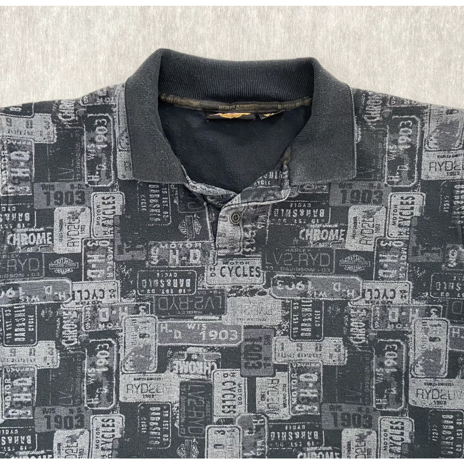 Harley Davidson VINTAGE Harley-Davidson Polo Shirt Adult Large Black Candy License Plates 90s Motorcycle Mens L Size US L / EU 52-54 / 3 - 3 Thumbnail