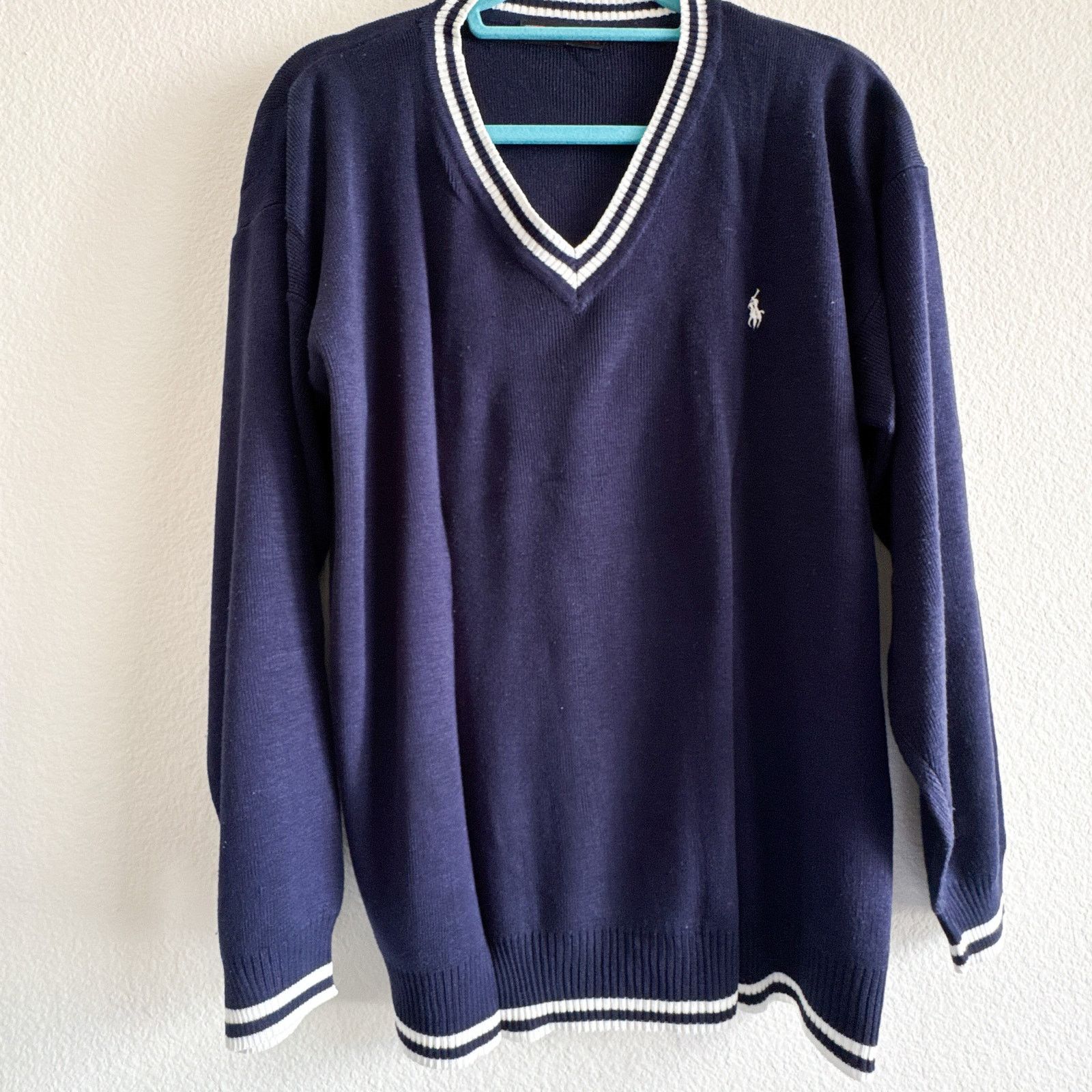 Polo Ralph Lauren × Ralph Lauren Vintage Polo Sport 90s Navy V-Neck Varsity Sweater Size US M / EU 48-50 / 2 - 1 Thumbnail