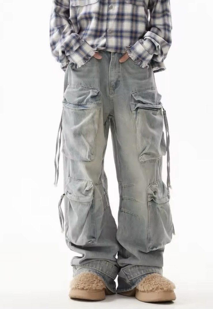 Jean Light Blue Denim Cargos Pleated Big Pocket Jeans Size US 33 - 2 Thumbnail
