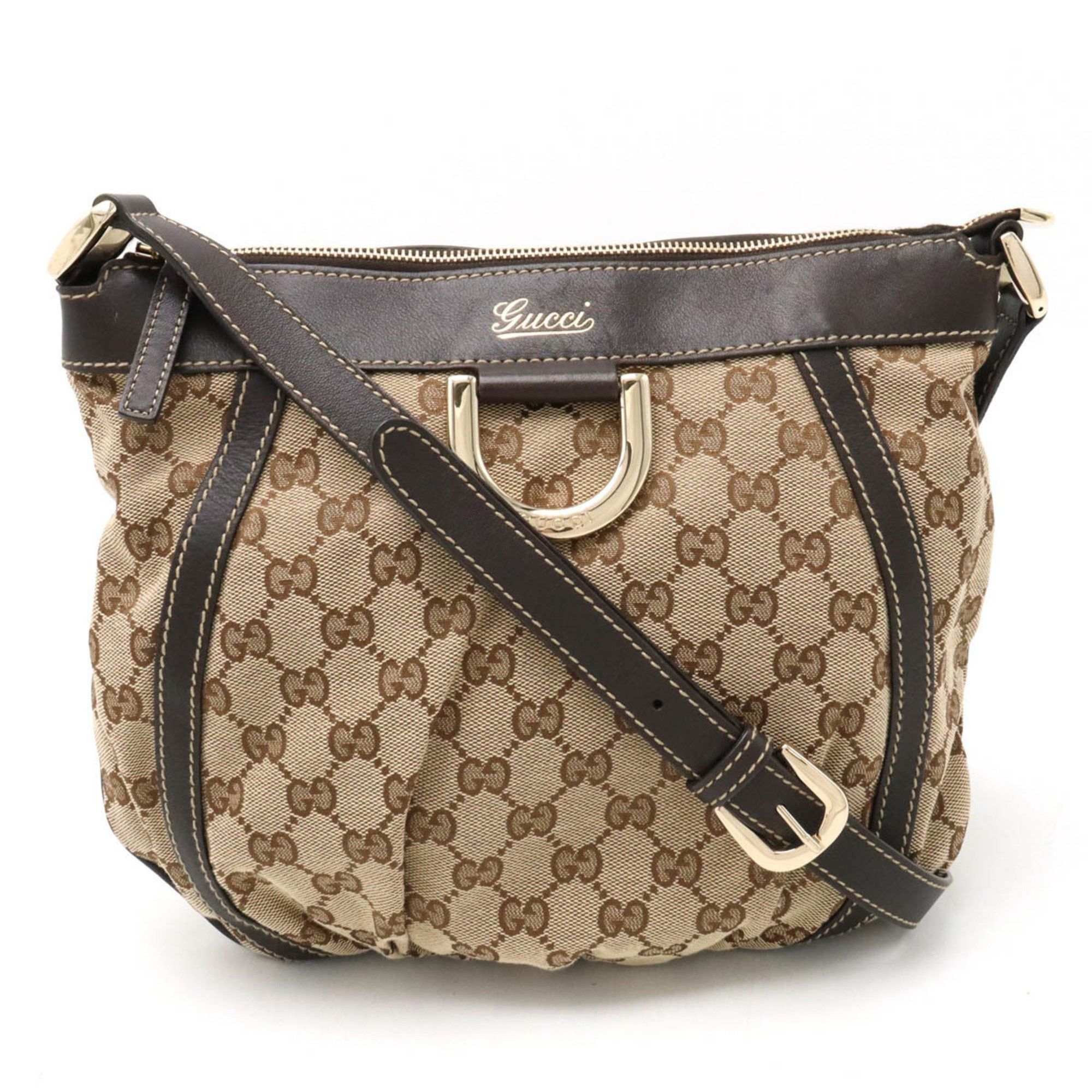 image of Gucci GG Canvas Abby Shoulder Bag Leather Khaki Beige Dark Brown 203257, Women's