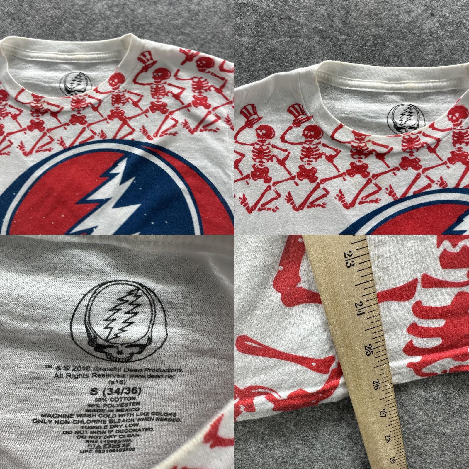 Gloverall Grateful Dead Shirt Mens S White Steal Your Face Skeletons All Over Tee Size US S / EU 44-46 / 1 - 8 Thumbnail
