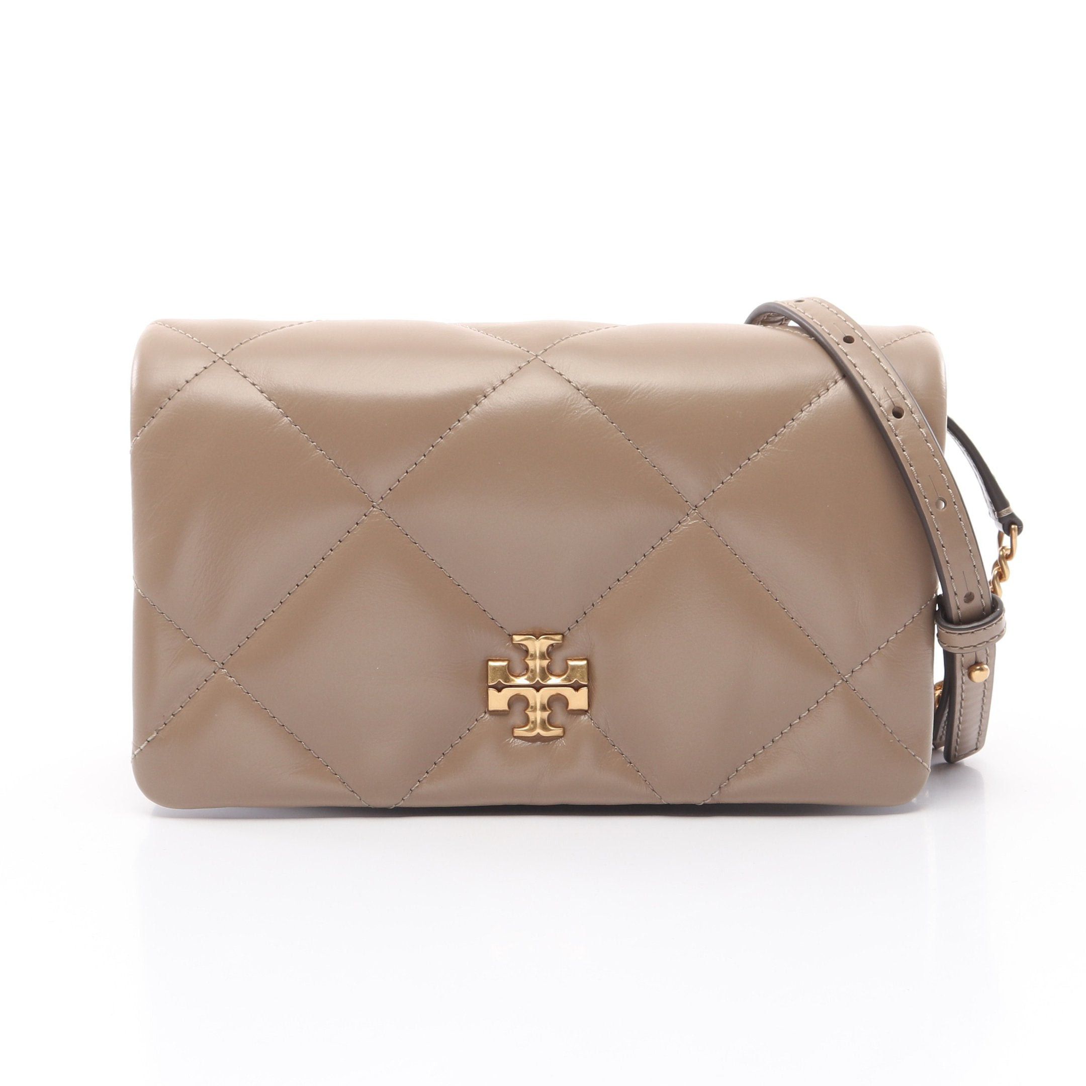 Tory Burch Kira Diamond Chain Shoulder Bag Leather Gray Beige