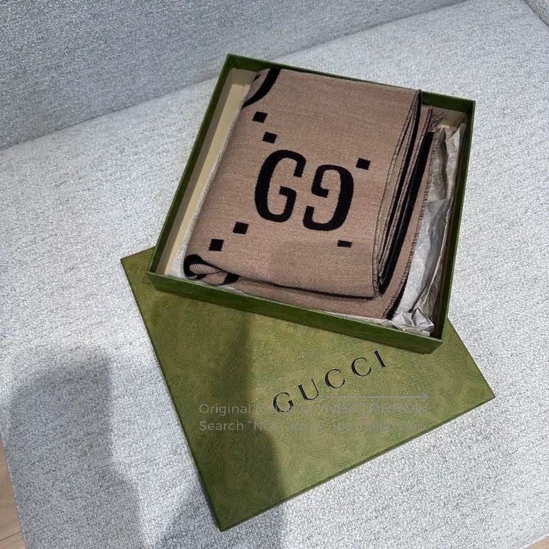 Gucci Gucci Double G jacquard caramel khaki double-sided wool sc Size ONE SIZE - 5 Thumbnail