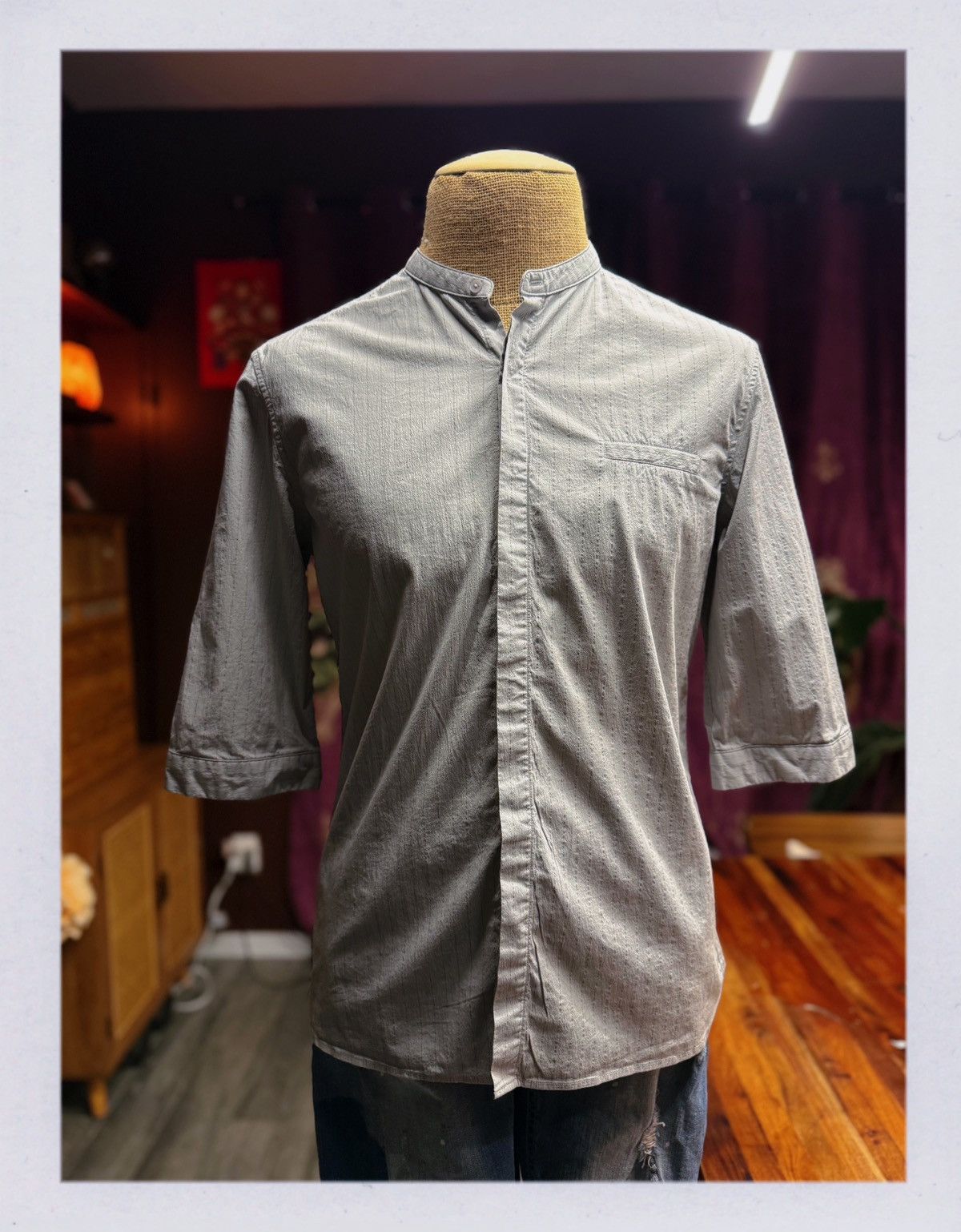 Other Minimalist Stand Collar Shirt – Light Grey Textured Cotton Size US S / EU 44-46 / 1 - 1 Thumbnail