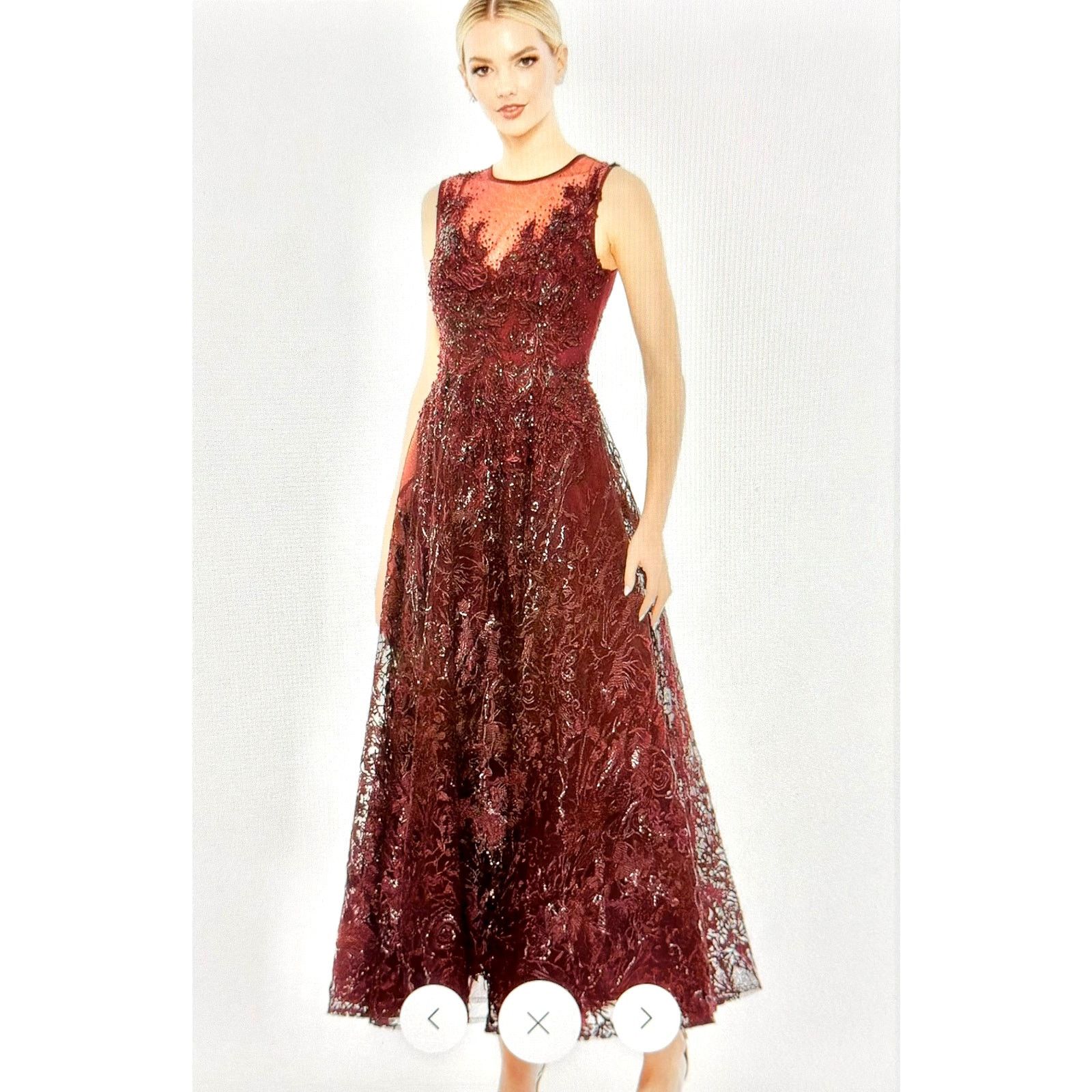 Other Mac Duggal Illusion Neckline Tea Length Dress Burgundy 14 Size XL / US 12-14 / IT 48-50 - 2 Thumbnail