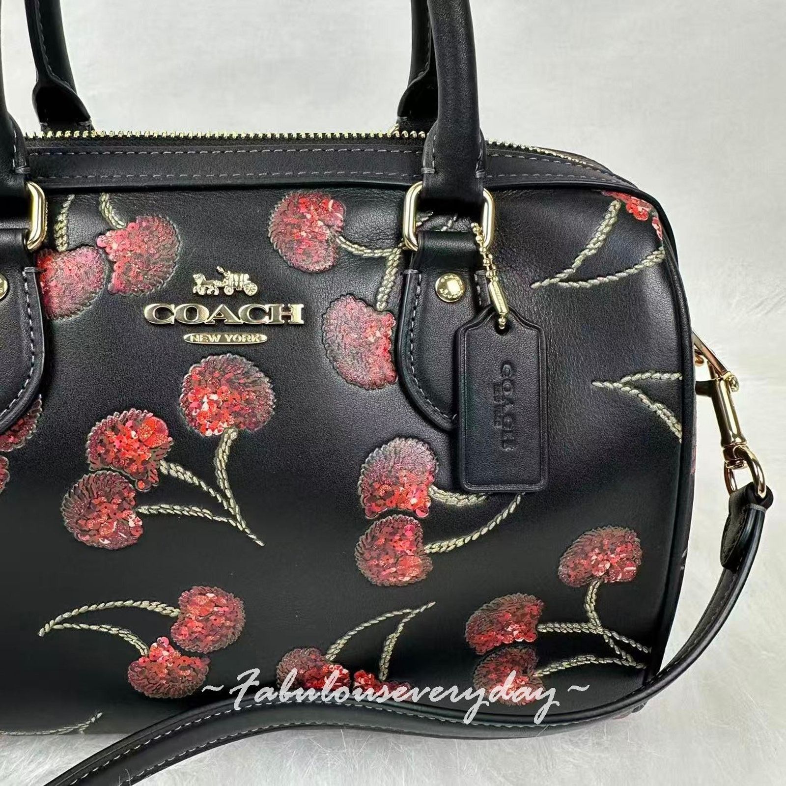 Coach Coach Rowan Satchel Bag xbody Cherry Print Leather Black Size ONE SIZE - 6 Thumbnail