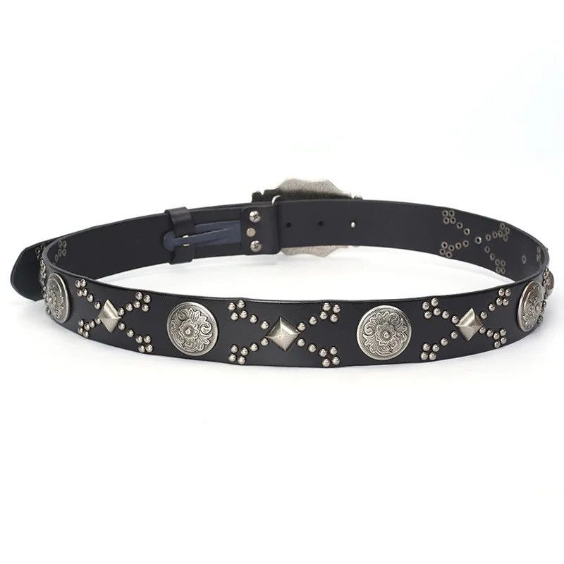 Leather × Vintage Punk Men's Belt Cinturon Mujer Western Cowboy Strap Ceinture Size ONE SIZE - 4 Thumbnail