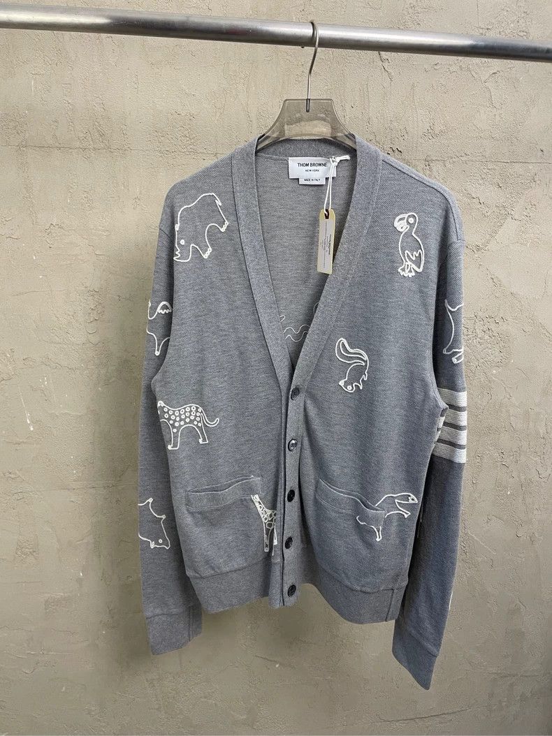 Thom Browne Thom browne Gray Xiu Zoo Four-Striped Knitted Cardigan jack Size US S / EU 44-46 / 1 - 1 Thumbnail
