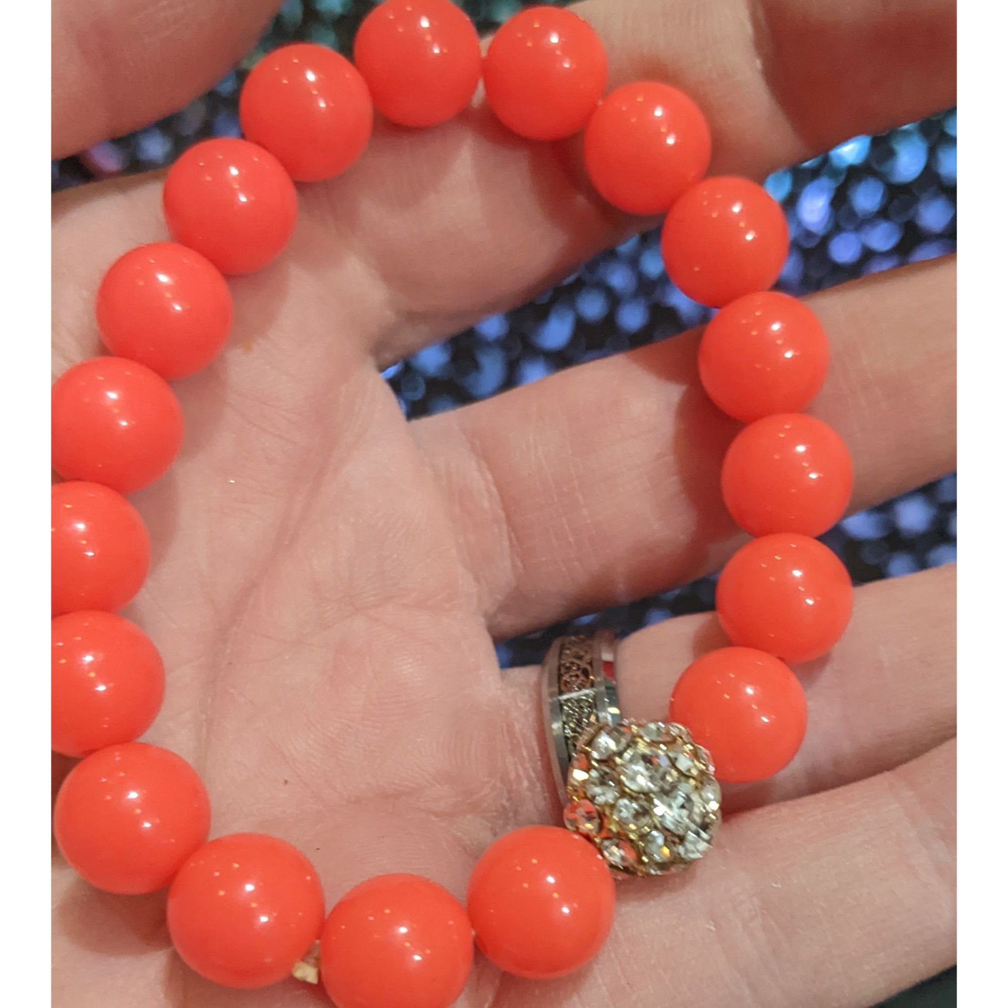 Other Neon Coral Rhinestone Beaded Stretch Bracelet Size ONE SIZE - 2 Thumbnail