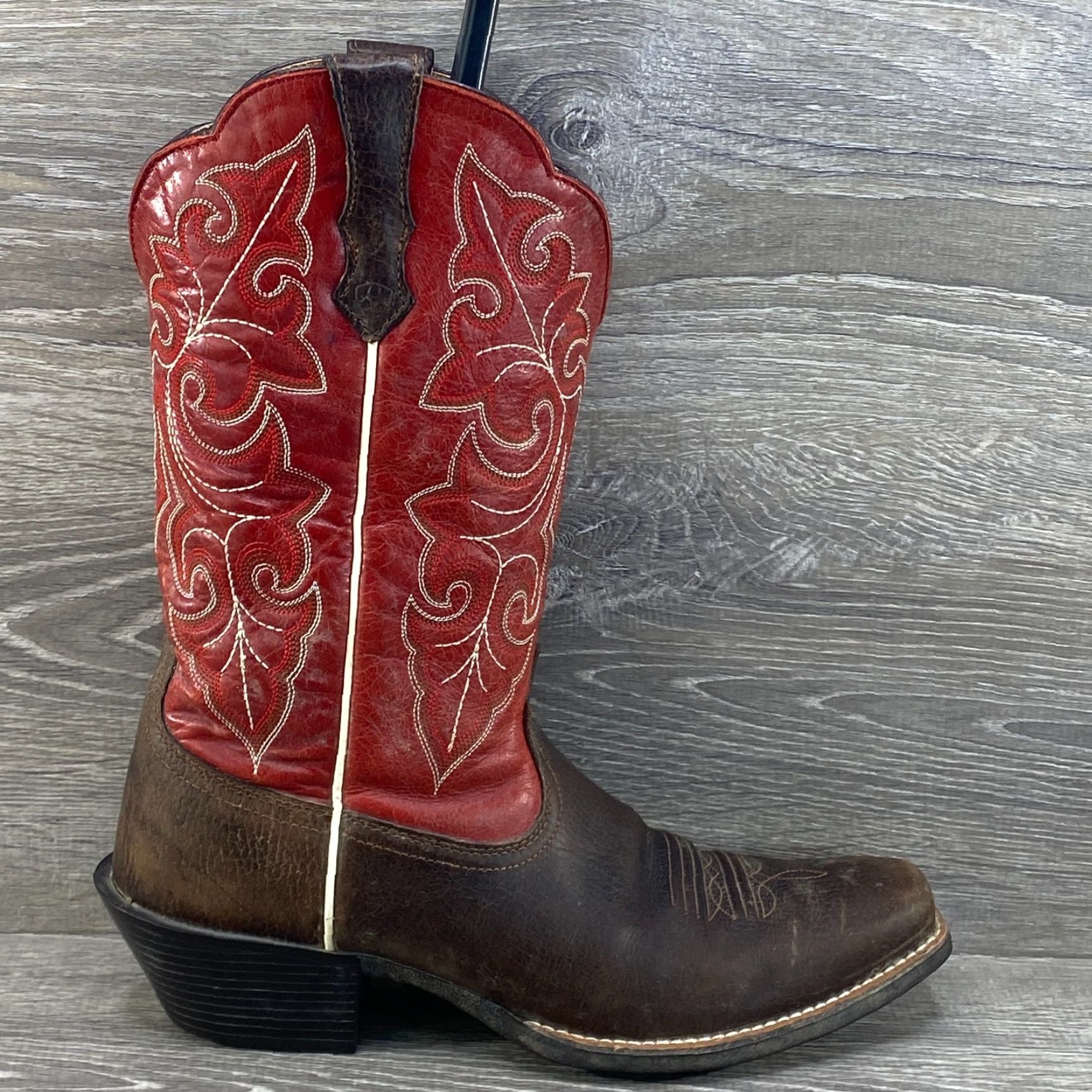 Ariat Ariat Ladies 9.5 B Cowboy Round Up Square Toe Brown & Red Leather Western Boots Size US 7 / IT 37 - 2 Thumbnail