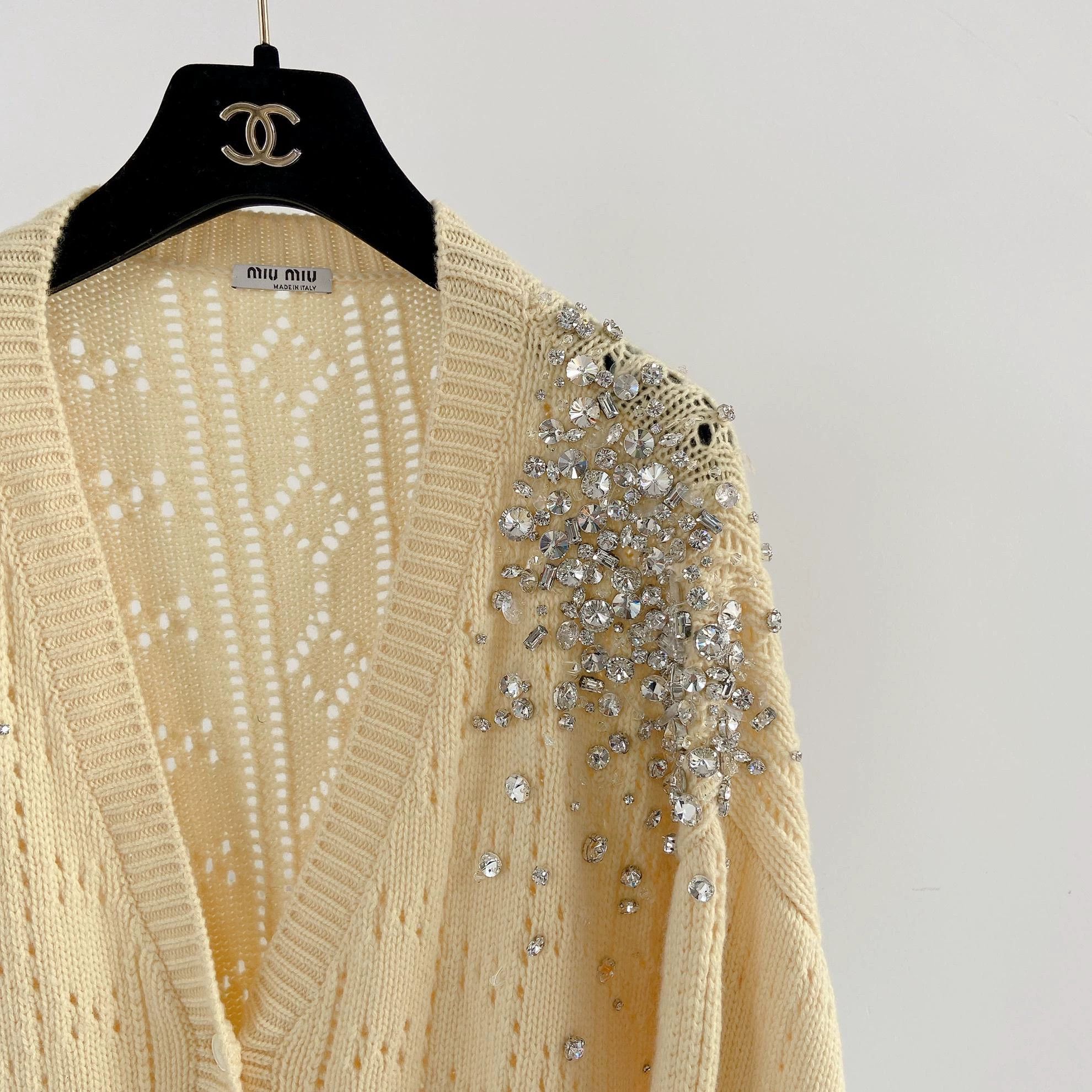 Miu Miu MIU MIU Heavy Crystal Yellow Knit Cardi Women's 40 Size S / US 4 / IT 40 - 4 Thumbnail