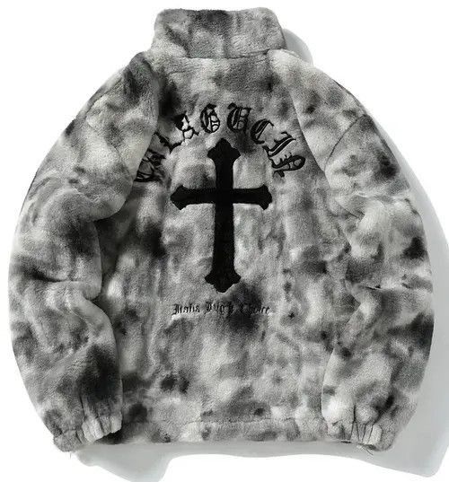 image of Vintage Hiphop Cross Winter Fleece Oversized Jacket in Grey, Men's (Size Large)