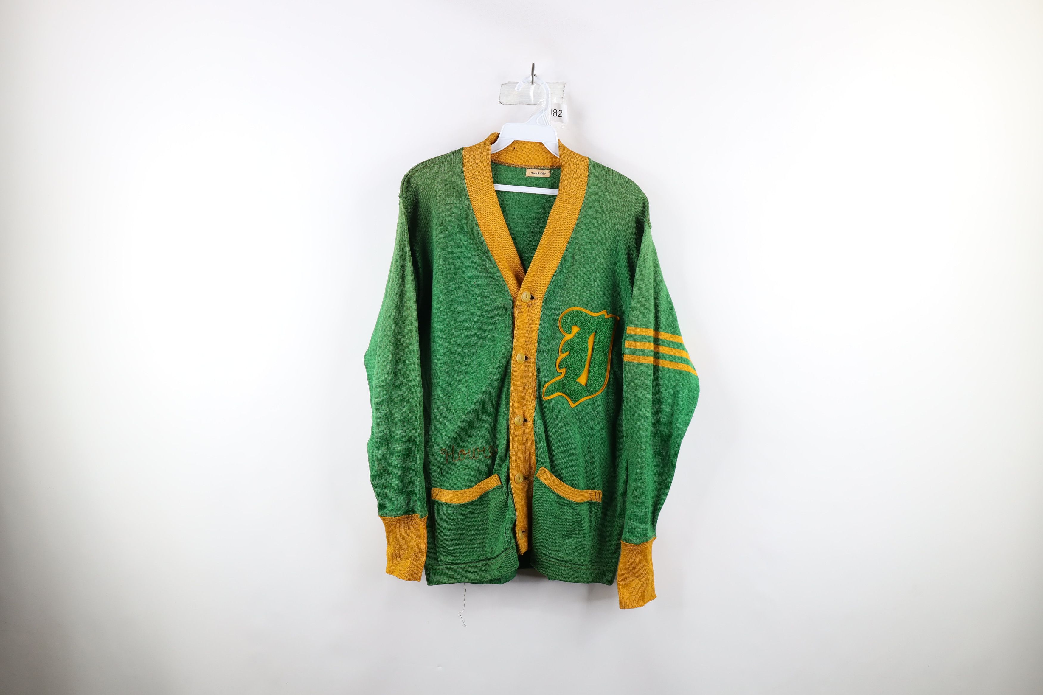 Vintage 50s Stitched Wool Knit Varsity Cardigan Sweater USA