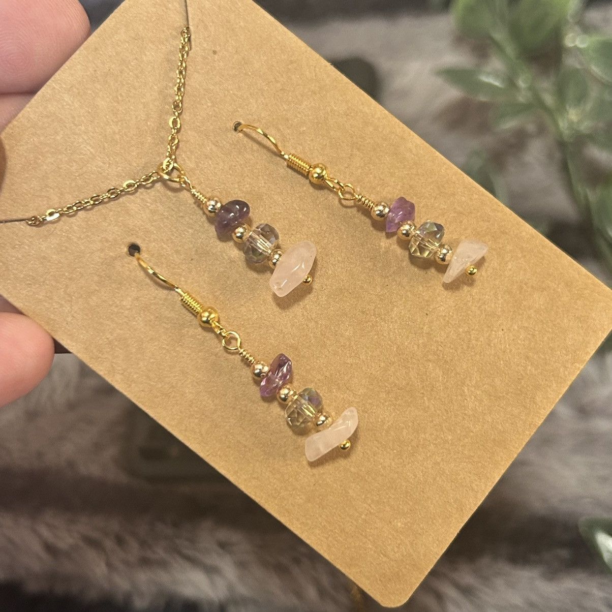 Handmade Handcrafted amethyst rose quartz crystal necklace set Size ONE SIZE - 1 Thumbnail