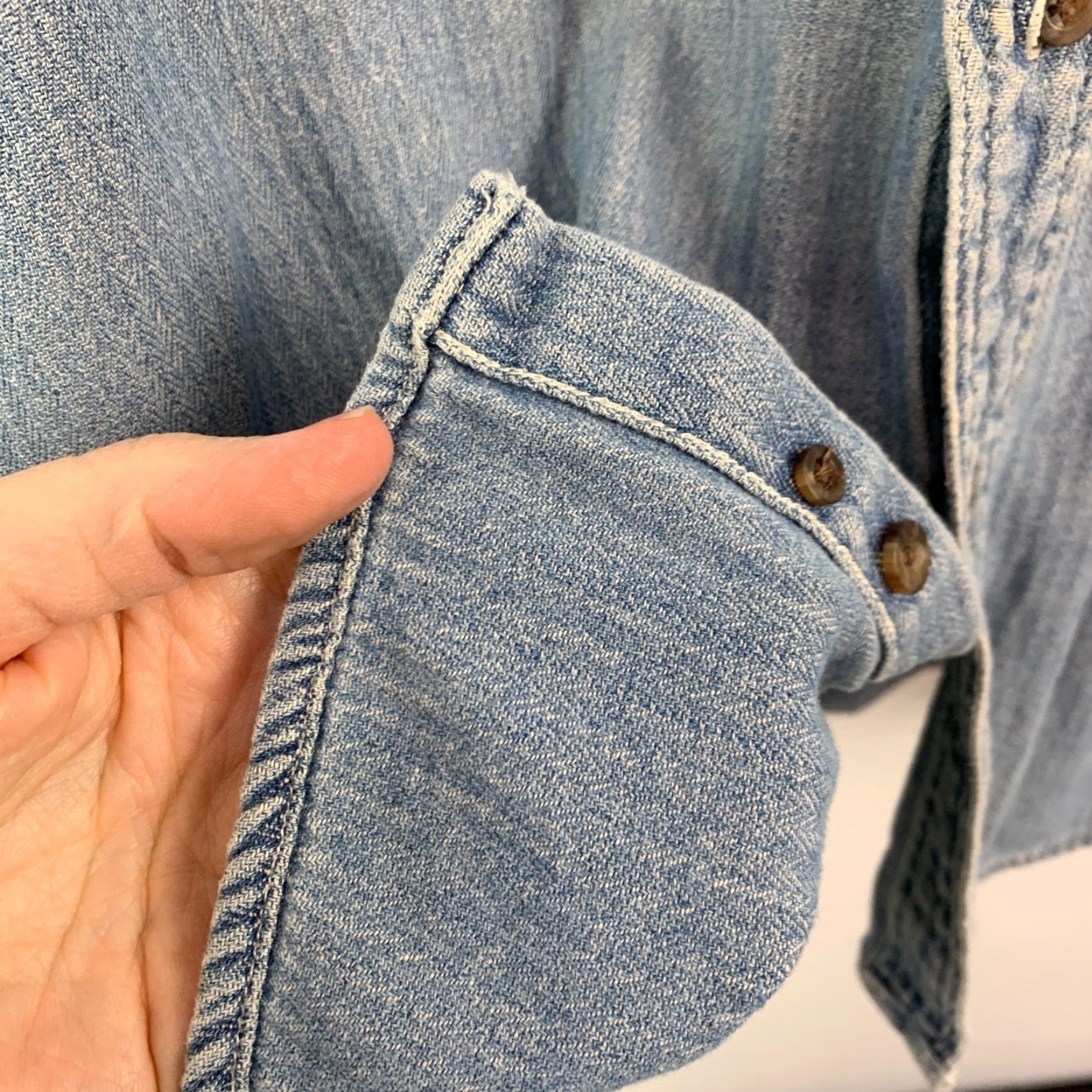 Denime Vintage Denim Button-Up Shirt XL 45" Chest Blue Solid Thrashed Destroyed Distressed Casual Mens Shirt Size US XL / EU 56 / 4 - 6 Thumbnail