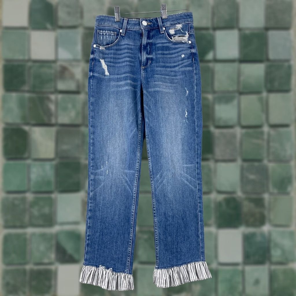 Paige Paige Blue Denim High Rise Sarah Straight Leg Jeans Womens Size 24 Ruffle Hem Vintage No EC Size 42" / US 20 - 1 Thumbnail