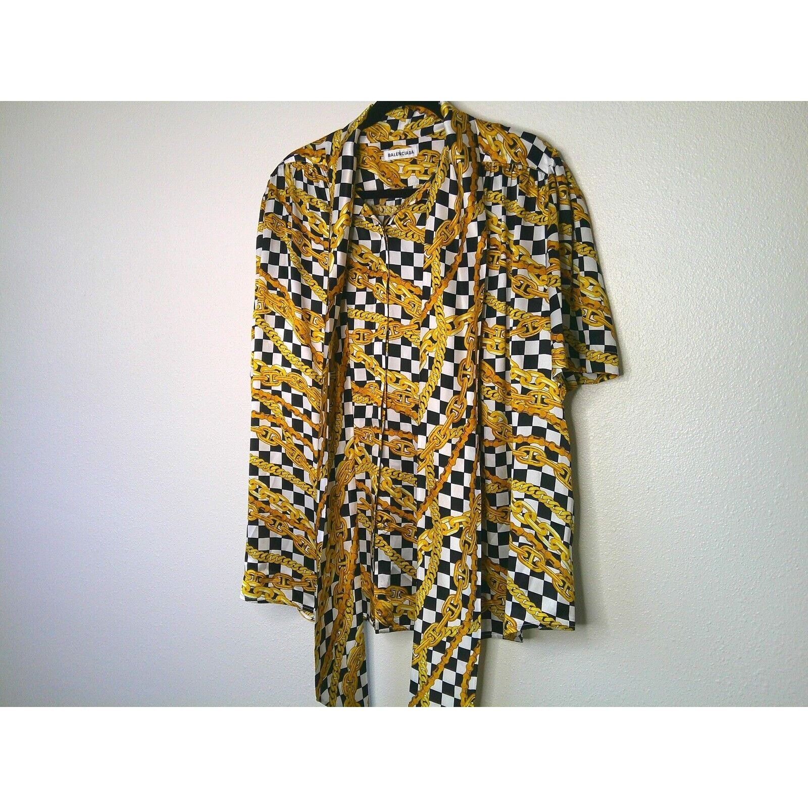 Balenciaga Balenciaga Black Gold Chain Print Short Sleeve Tie Blouse 40 Size S / US 4 / IT 40 - 5 Thumbnail