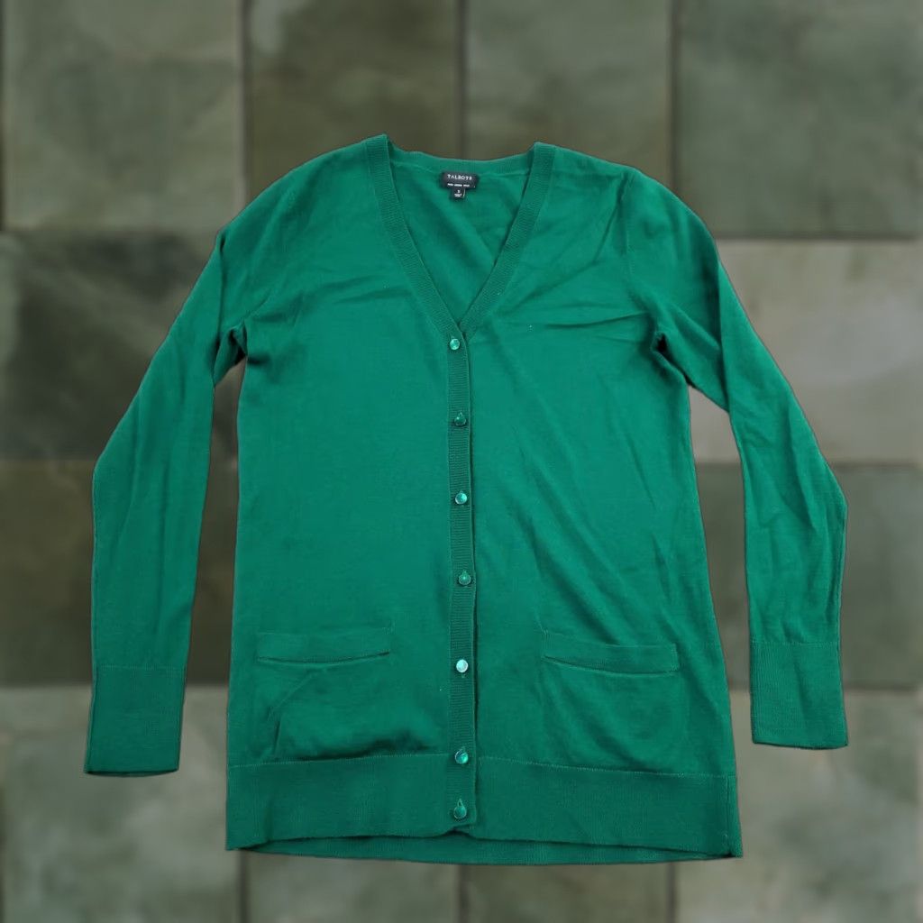 Talbots Talbots Cardigan Sweater Womens Small Green 100% Merino Wool V Neck Lightweight Size S / US 4 / IT 40 - 1 Thumbnail