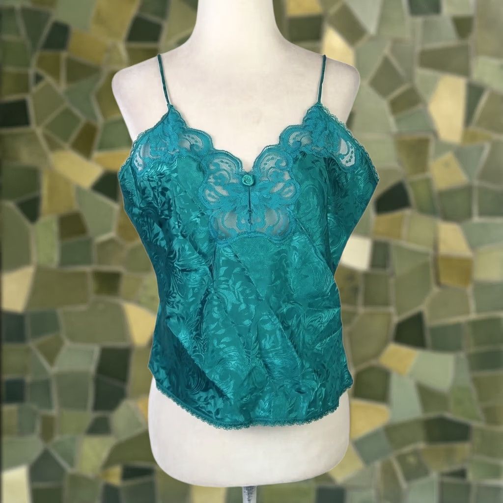 Vintage VINTAGE 80s Deena Camisole Tank Top Green Floral Satin Lace Trim L Womens Size L / US 10 / IT 46 - 1 Thumbnail