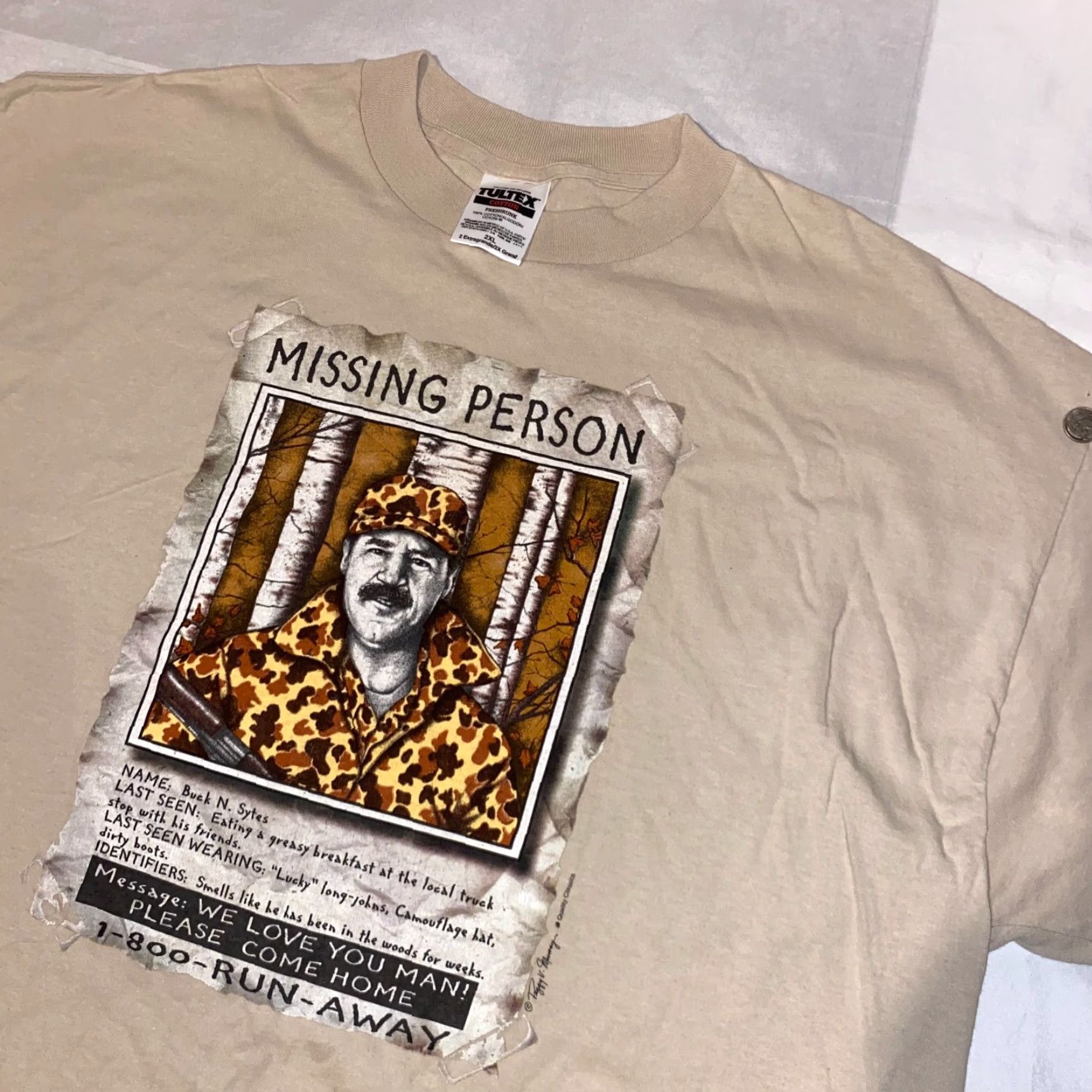 Tultex VINTAGE Peggy V. Murray Funny Missing Person Hunter Humor Y2K Tultex Tshirt 2XL Beige Cotton Short Sleeve Crew Neck Men Funny T-Shirt Size US XXL / EU 58 / 5 - 3 Thumbnail