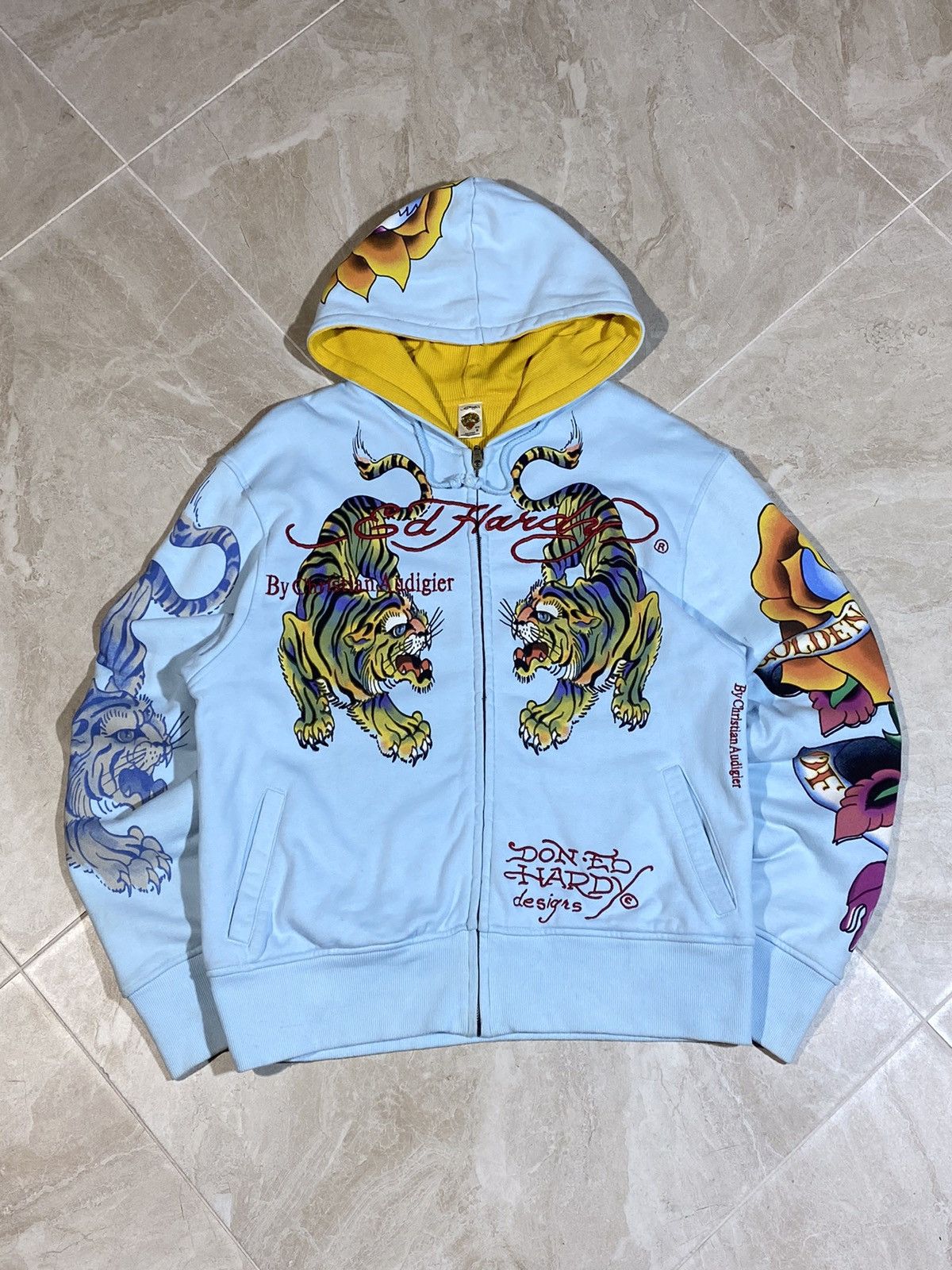 Ed Hardy × Japanese Brand Ed Hardy y2k hype streetwear style light blue zip hoodie Size US M / EU 48-50 / 2 - 2 Thumbnail