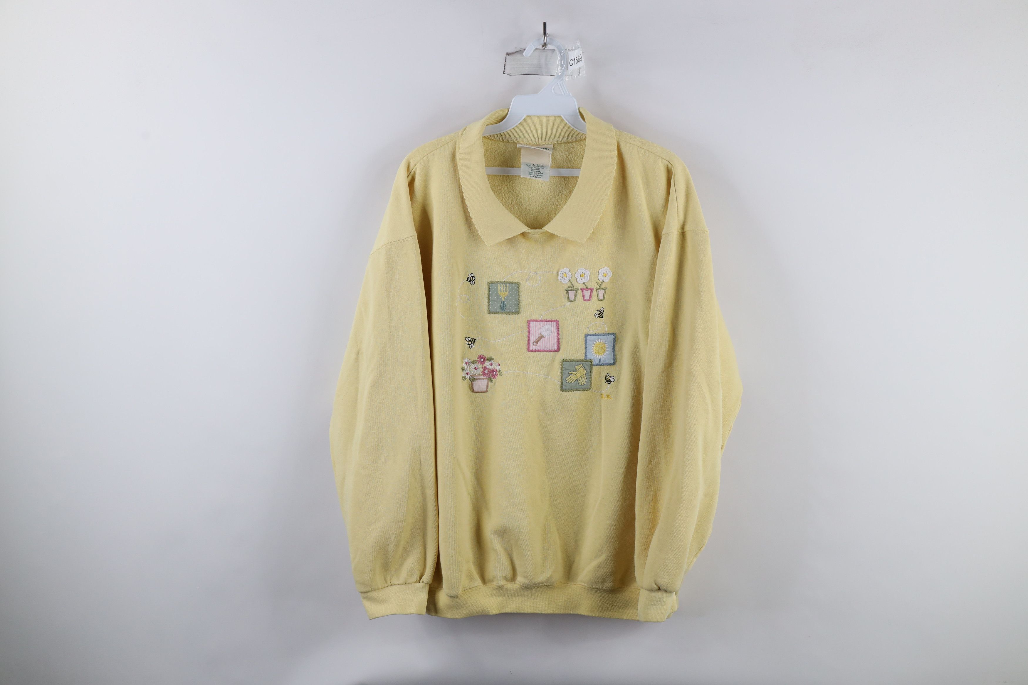 Vintage Vintage 90s Country Primitive Garden Bee Collared Sweatshirt Size L / US 10 / IT 46 - 1 Thumbnail