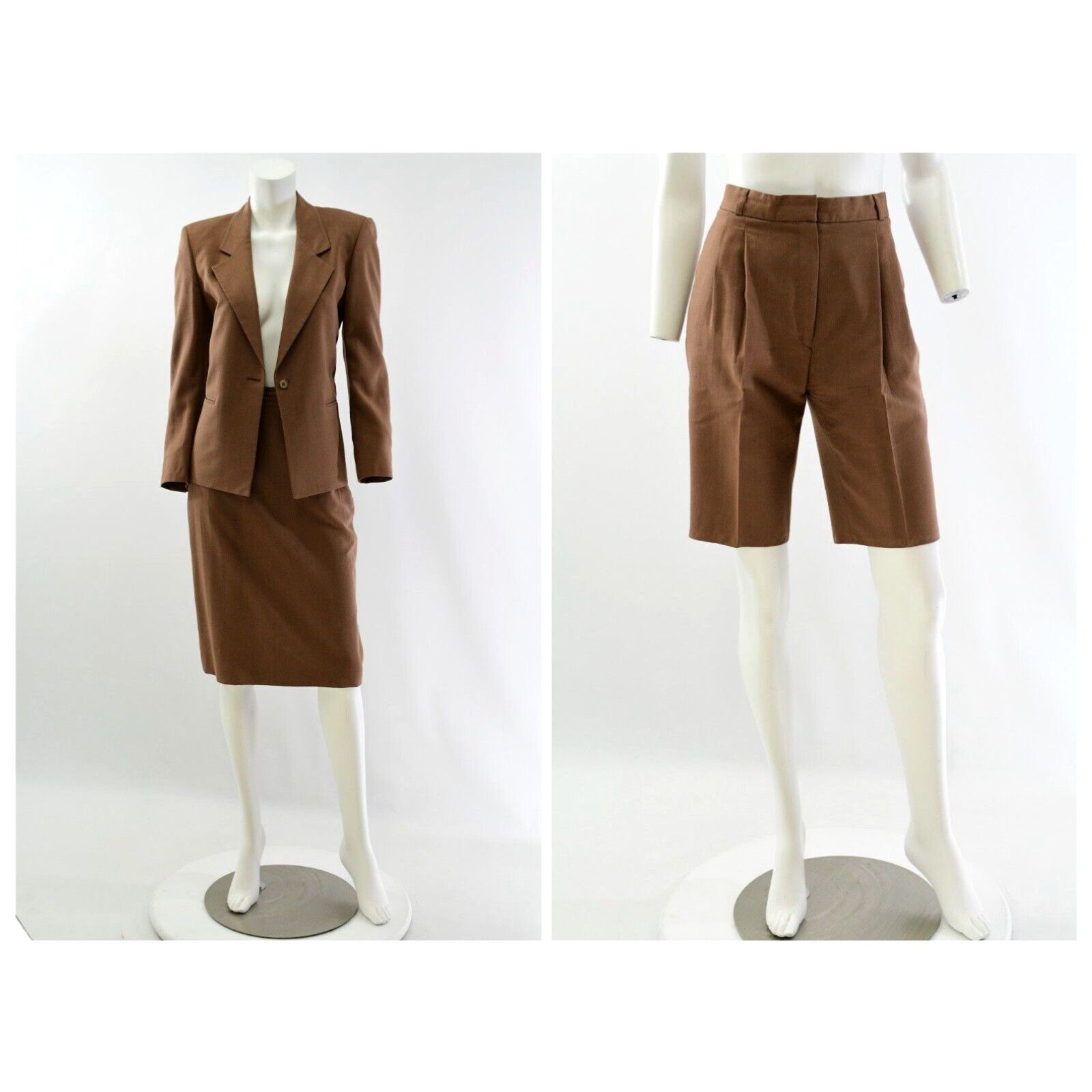 image of Vintage 80's Womens 4P Three Piece Skirt Suit Blazer Skirt Shorts Brown Merino Wool in White