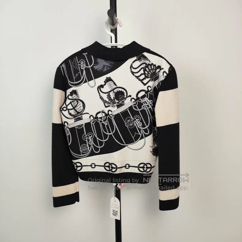Hermes Hermes Knitted and silk blend coat in black and white Size XXS / US 00 / IT 34 - 2 Thumbnail