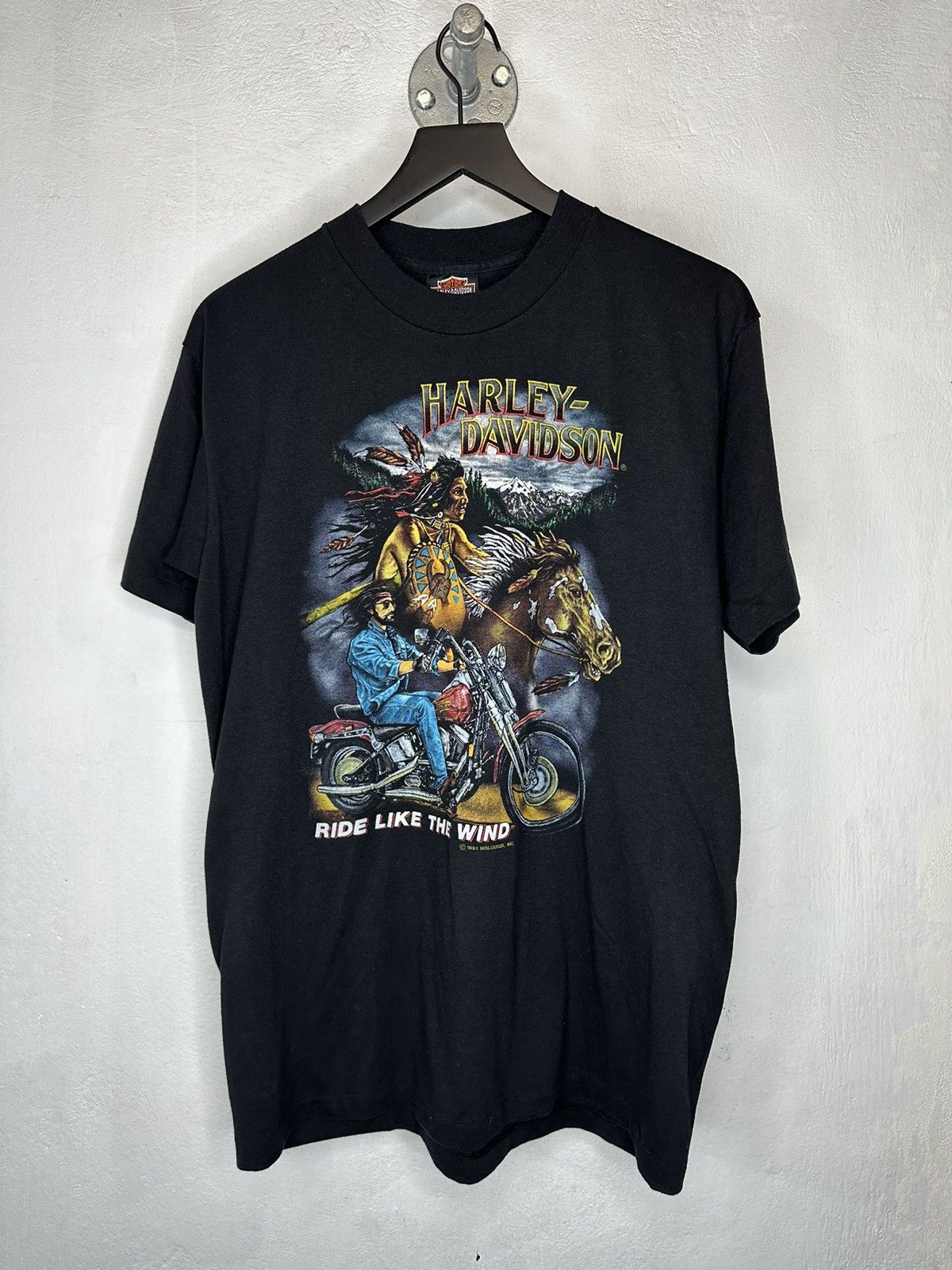 image of 1991 Vintage Harley Davidson Ride Like The Wind in Black, Men's (Size Large)