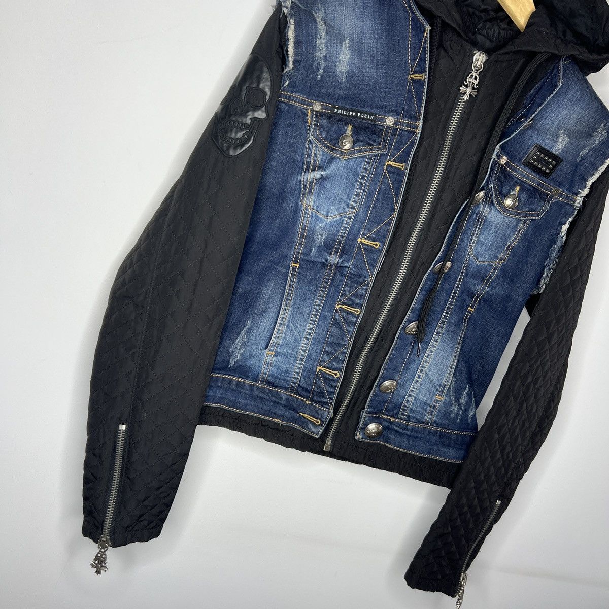 Designer × Philipp Plein Philipp Plein Denim Blue Black Quilted Zip Jacket Y2K RARE Size L / US 10 / IT 46 - 3 Thumbnail